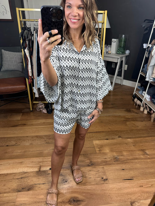Count Me In Patterned Short + Button-Down Top Set - Black/Ivory-Entro T20468 P20469-Anna Kaytes Boutique, Women's Fashion Boutique in Grinnell, Iowa
