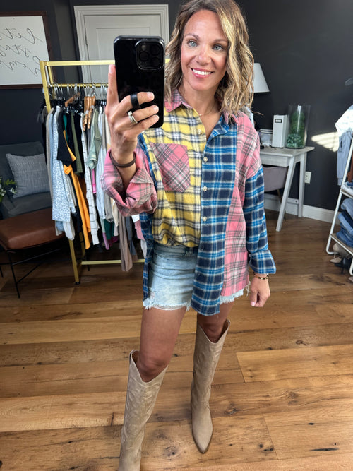 All Yours Patchwork Plaid Button-Down Top - Blue/Pink/Yellow-Aemi & Co 8316dn-Anna Kaytes Boutique, Women's Fashion Boutique in Grinnell, Iowa