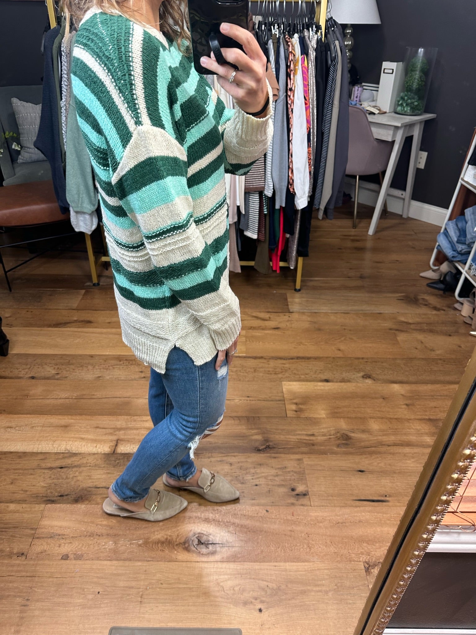 Deep Connections Striped Crew Sweater - Teal Green Combo