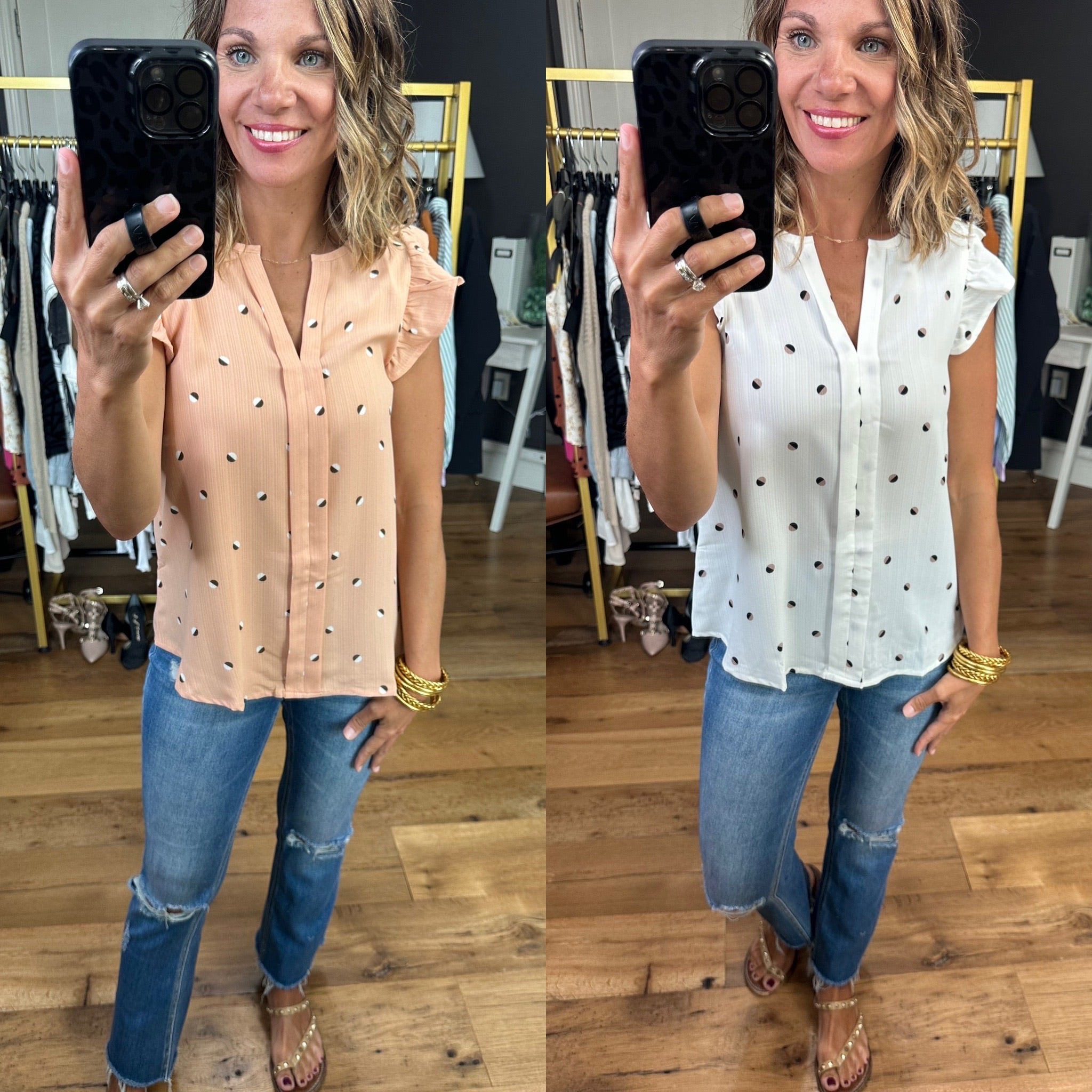 Right Space Dotted Top With Flutter Detail - Multiple Options-Short Sleeves-Blu Pepper TB8189B-Anna Kaytes Boutique, Women's Fashion Boutique in Grinnell, Iowa