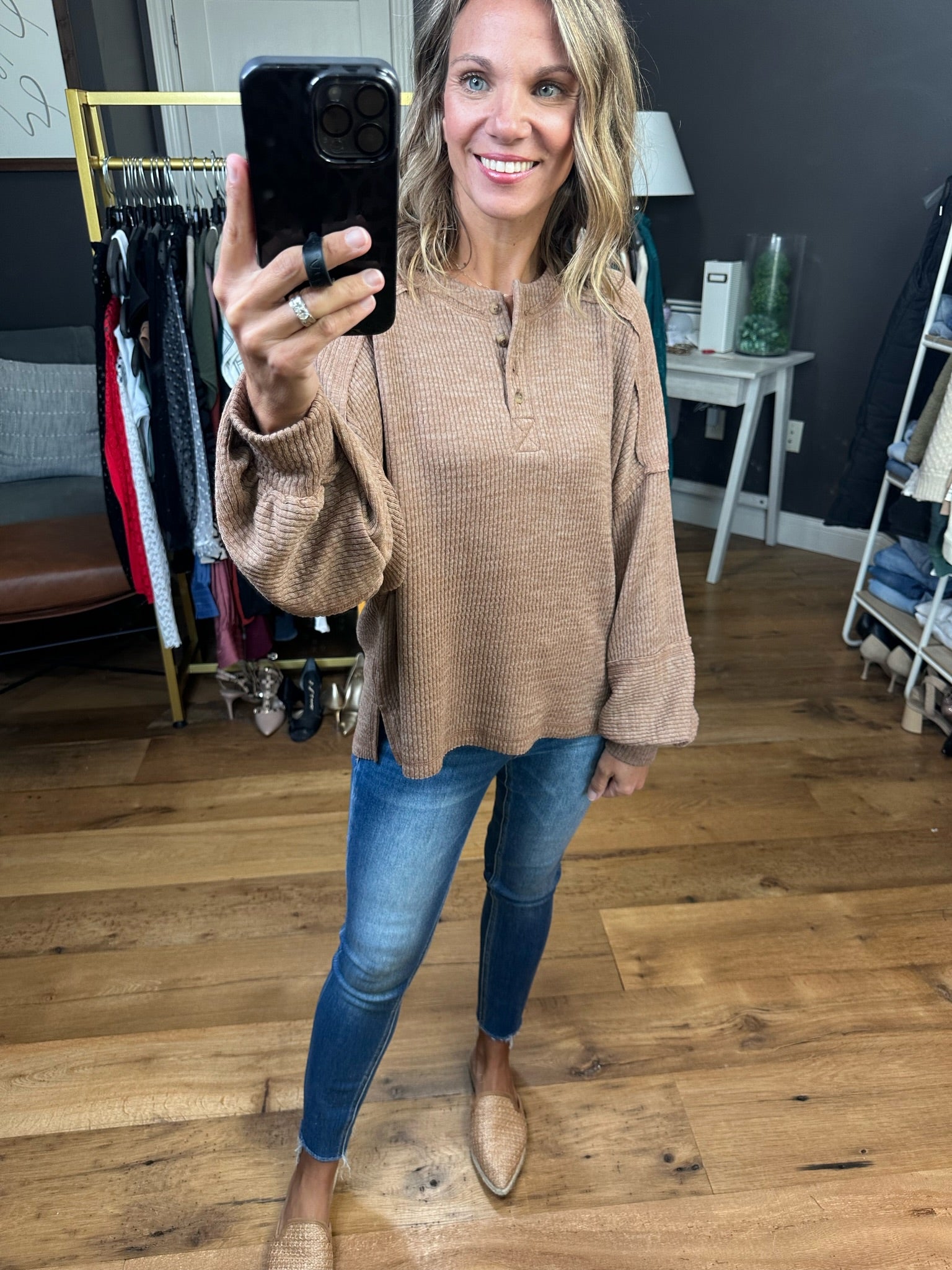 Rumors Are True Balloon Sleeve Henley Top - Multiple Options-Long Sleeves-blu Pepper B3FT1013-Anna Kaytes Boutique, Women's Fashion Boutique in Grinnell, Iowa