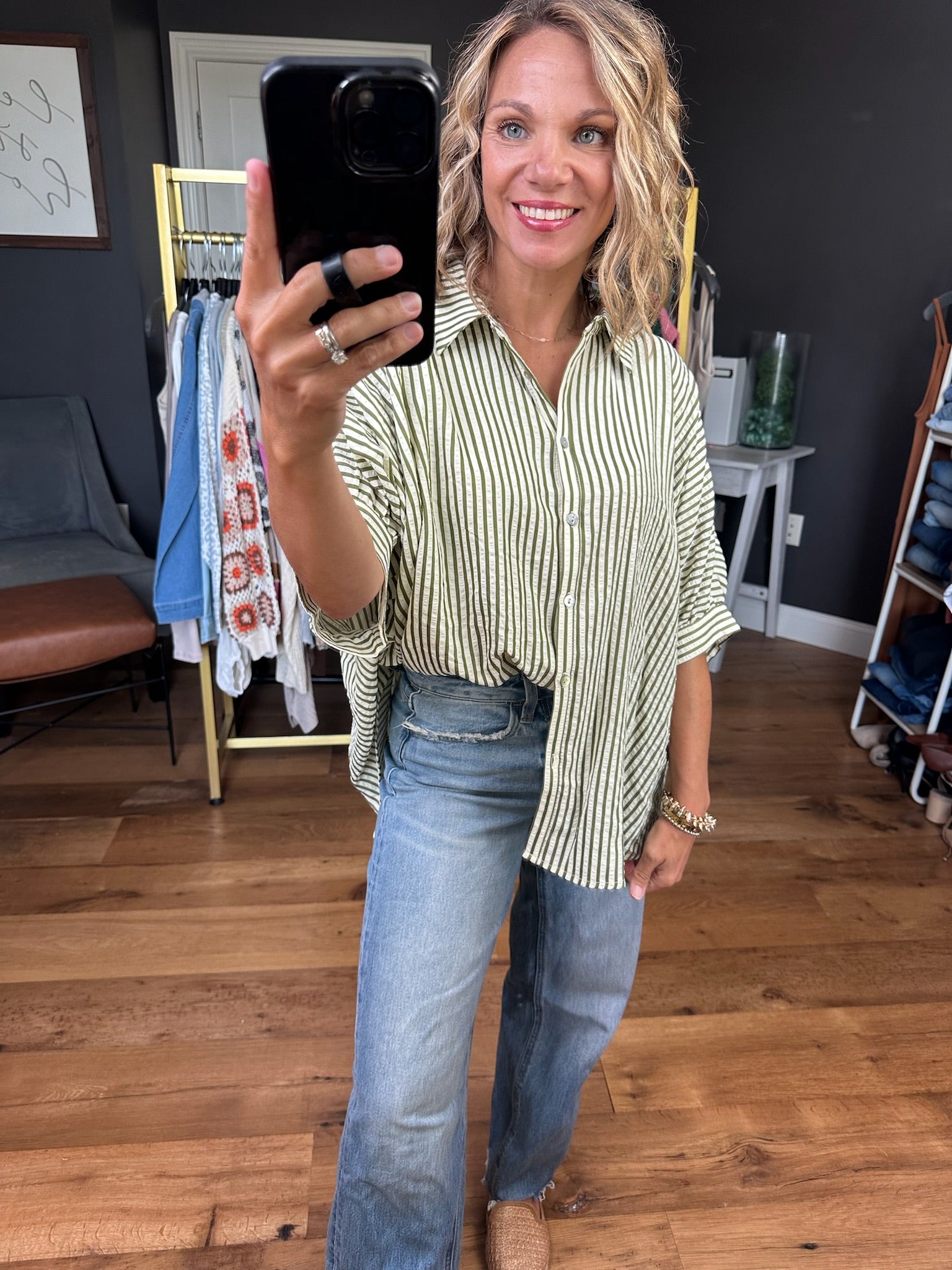 In Perfect Harmony Boyfriend Dolman Button-Down Top - Cream/Olive-Wishlist-Anna Kaytes Boutique, Women's Fashion Boutique in Grinnell, Iowa