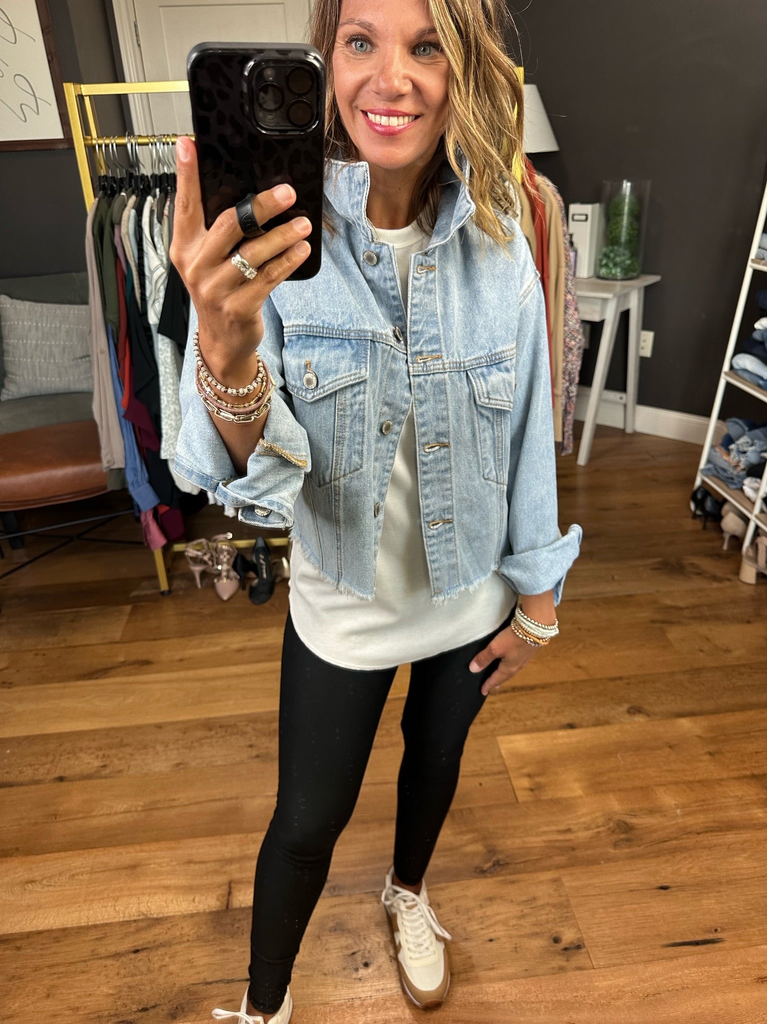 The Sasha Relaxed Crop Denim Jacket With Distressed Detail