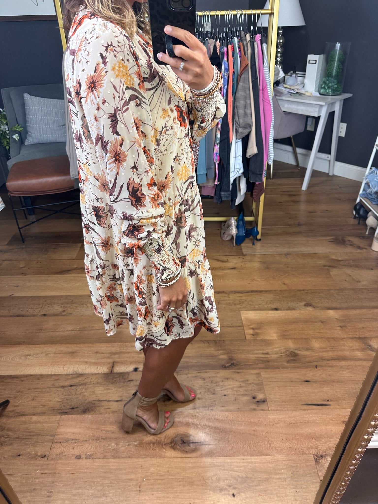 By My Side Floral High-Neck Dress With Smocked Detail - Natural-Dresses-Skies Are Blue 99588-Anna Kaytes Boutique, Women's Fashion Boutique in Grinnell, Iowa