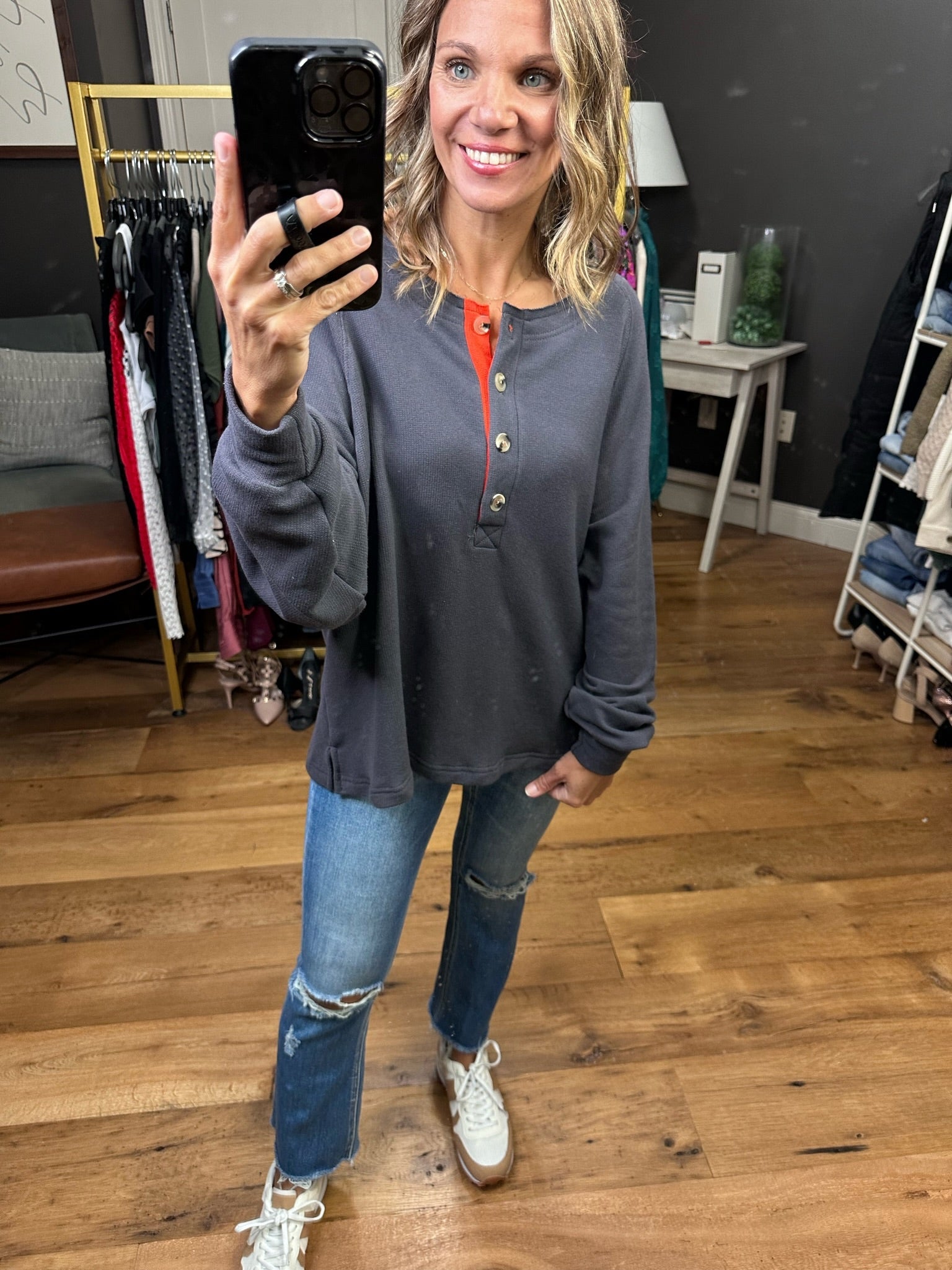 Take It From Me Henley Sweatshirt - Dusk Orange-Sweaters-Bucketlist T2037-Anna Kaytes Boutique, Women's Fashion Boutique in Grinnell, Iowa