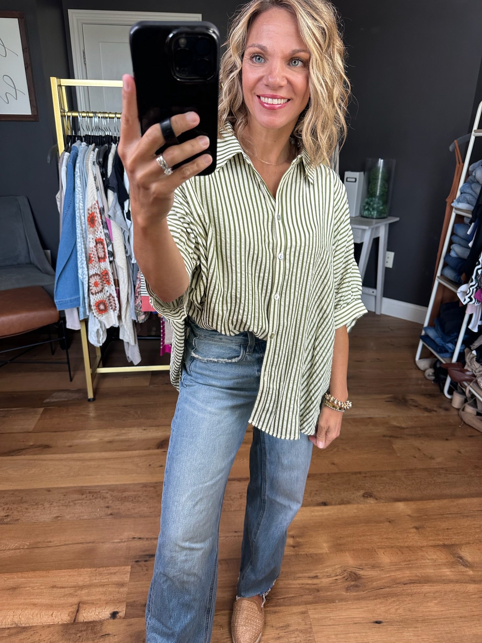 In Perfect Harmony Boyfriend Dolman Button-Down Top - Cream/Olive-Wishlist-Anna Kaytes Boutique, Women's Fashion Boutique in Grinnell, Iowa