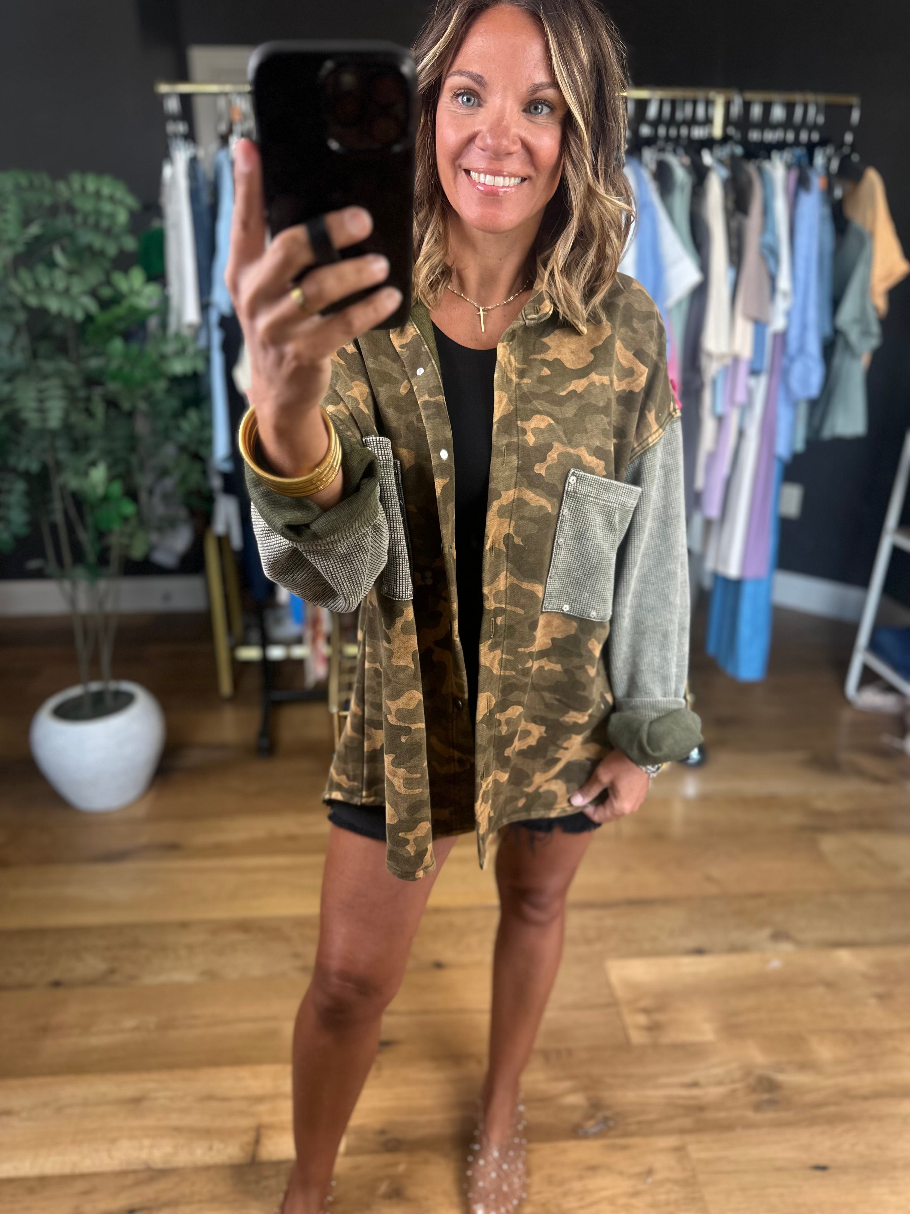 Out There Camo Jacket-Jackets-POL-Anna Kaytes Boutique, Women's Fashion Boutique in Grinnell, Iowa