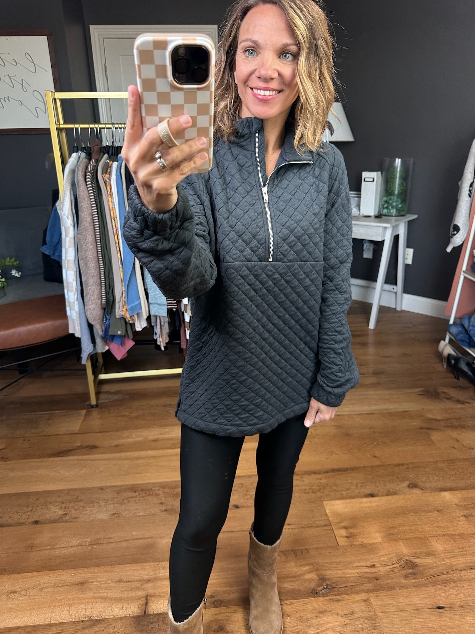 Check Point 1/2 Zip Quilted Pullover - Charcoal-Staccato-Anna Kaytes Boutique, Women's Fashion Boutique in Grinnell, Iowa