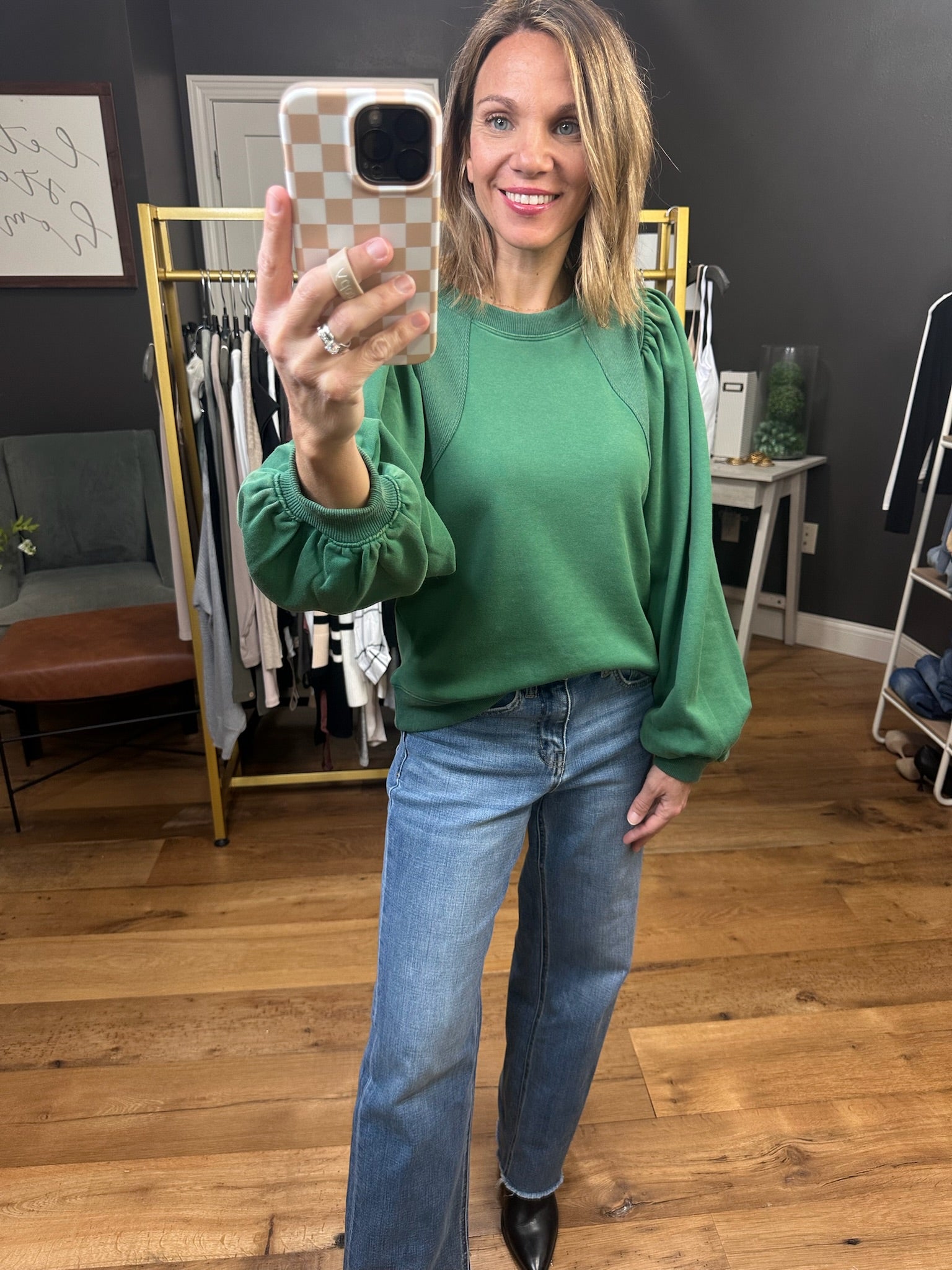 Looking Back Balloon Sleeve Crew Sweatshirt - Hunter Green-Jodifl-Anna Kaytes Boutique, Women's Fashion Boutique in Grinnell, Iowa