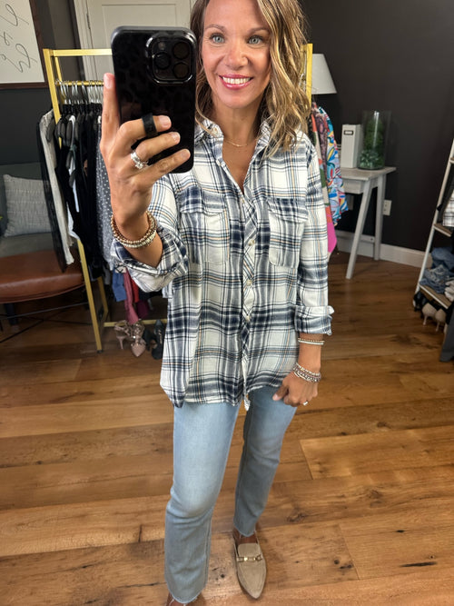 Do This Again Plaid Button Down Top - Navy Multi