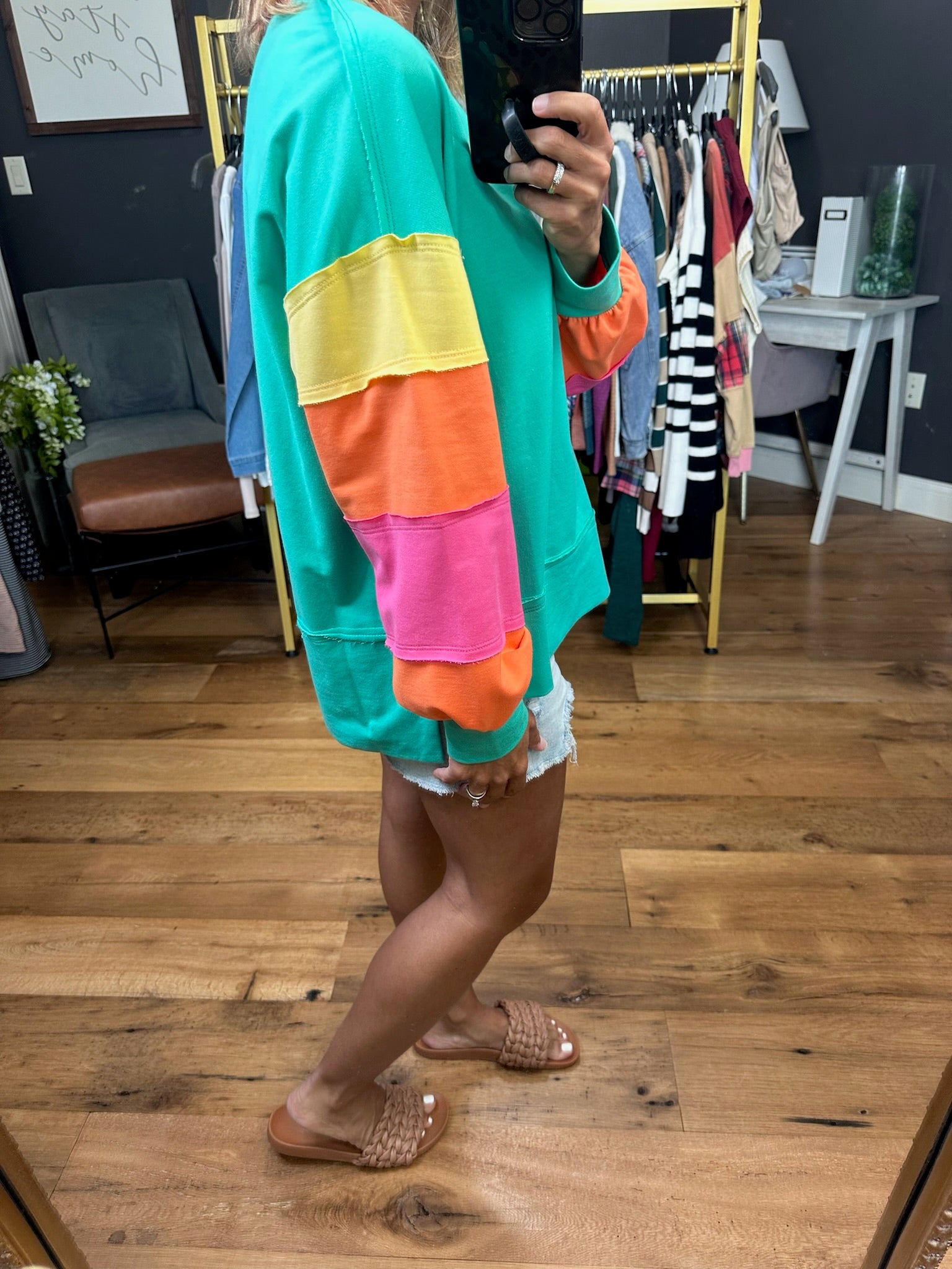 Sunburst Color Block Crewneck Sweatshirt - Jade Multi-Bibi-Anna Kaytes Boutique, Women's Fashion Boutique in Grinnell, Iowa