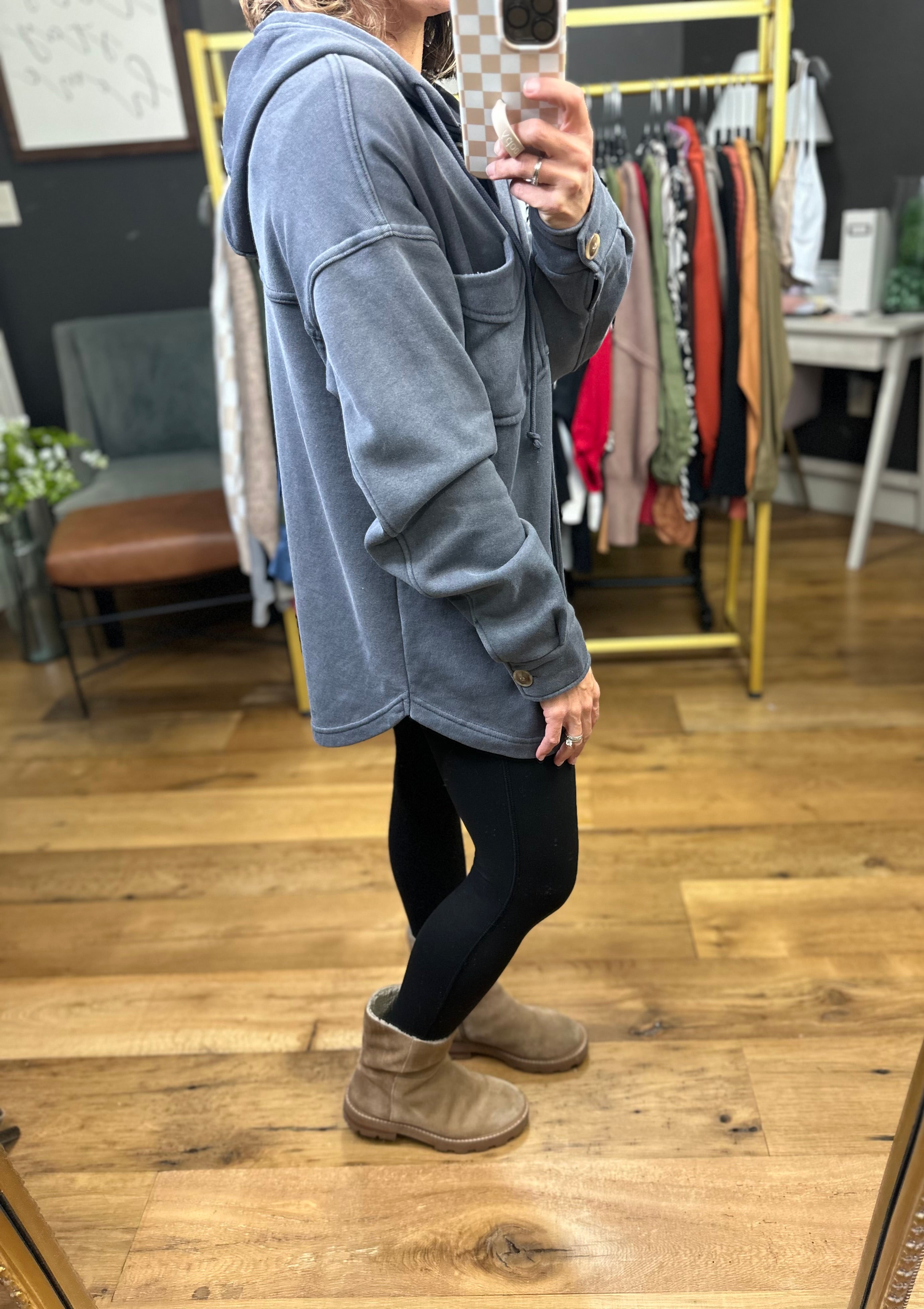 Charlie Blue-Grey Button Down Cozy Shacket-Anna Kaytes Boutique-Anna Kaytes Boutique, Women's Fashion Boutique in Grinnell, Iowa