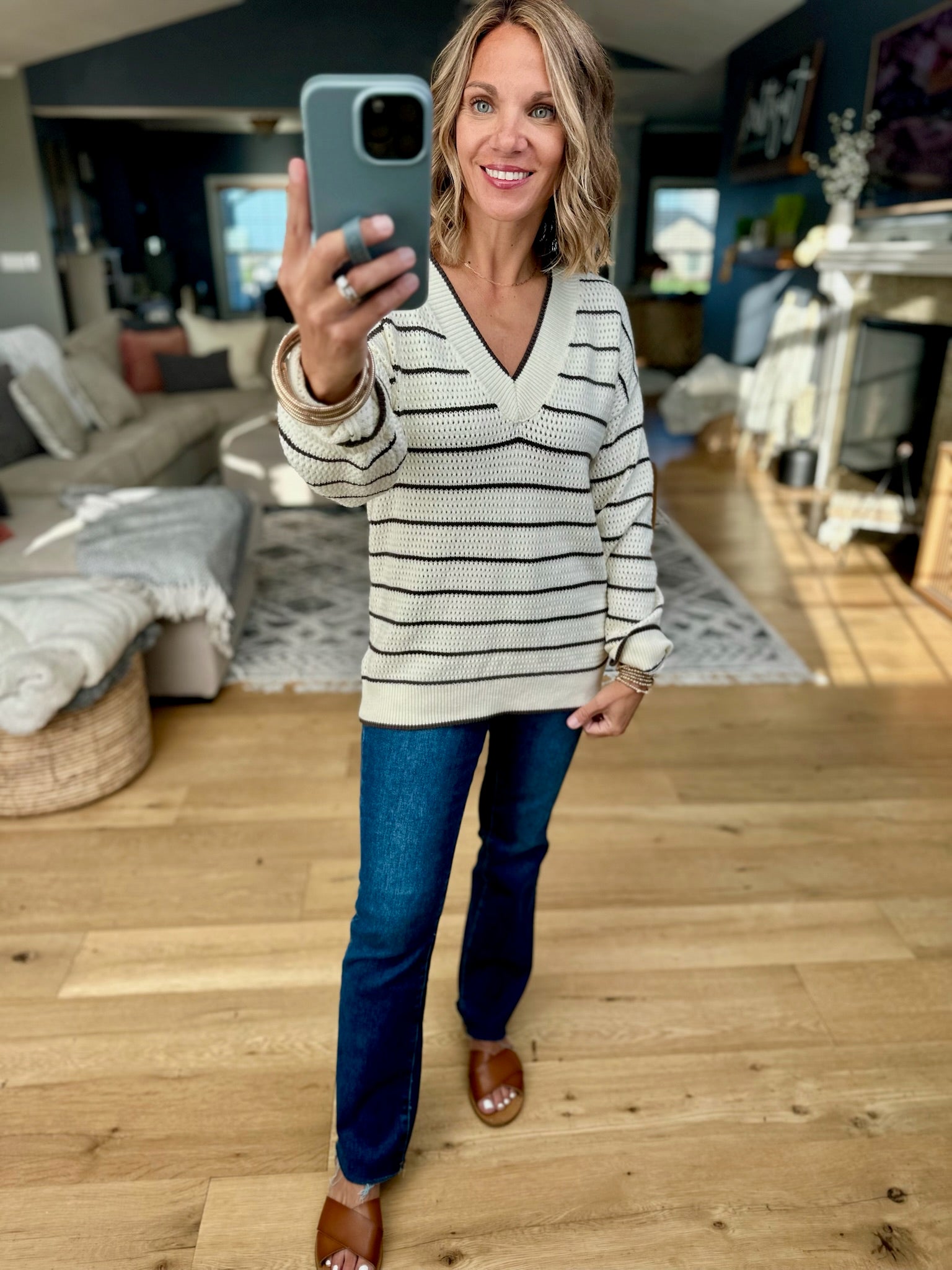 **Newly Discovered Striped V-Neck Knit Sweater-Thread & Supply-Anna Kaytes Boutique, Women's Fashion Boutique in Grinnell, Iowa