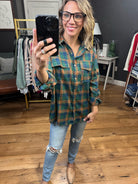 Anymore Obvious Plaid Button-Down With Studded Detail - Hunter Green-Long Sleeves-Entro T21945-Anna Kaytes Boutique, Women's Fashion Boutique in Grinnell, Iowa