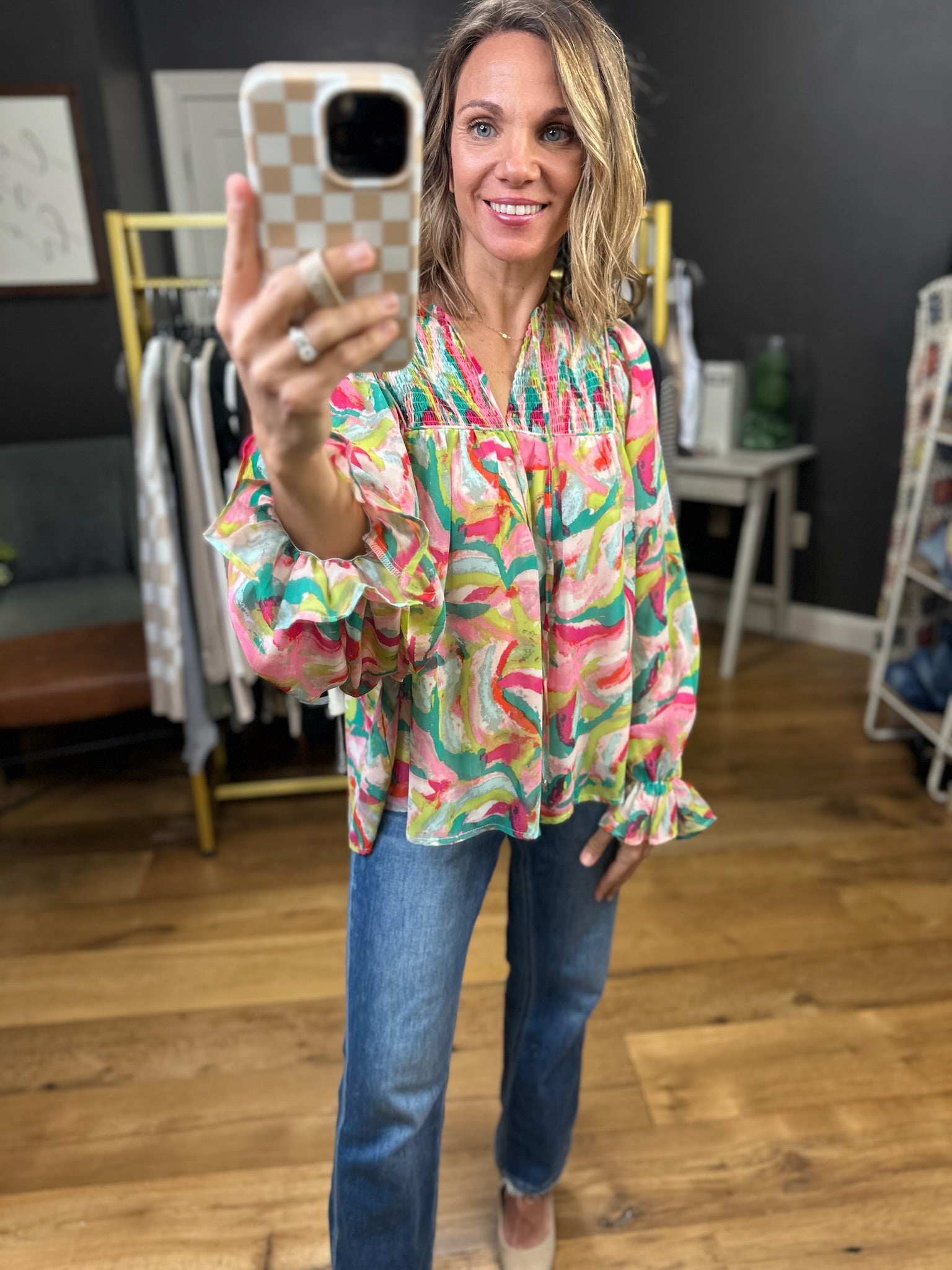 The Tilly Patterned Top - Pink/Green-Entro-Anna Kaytes Boutique, Women's Fashion Boutique in Grinnell, Iowa