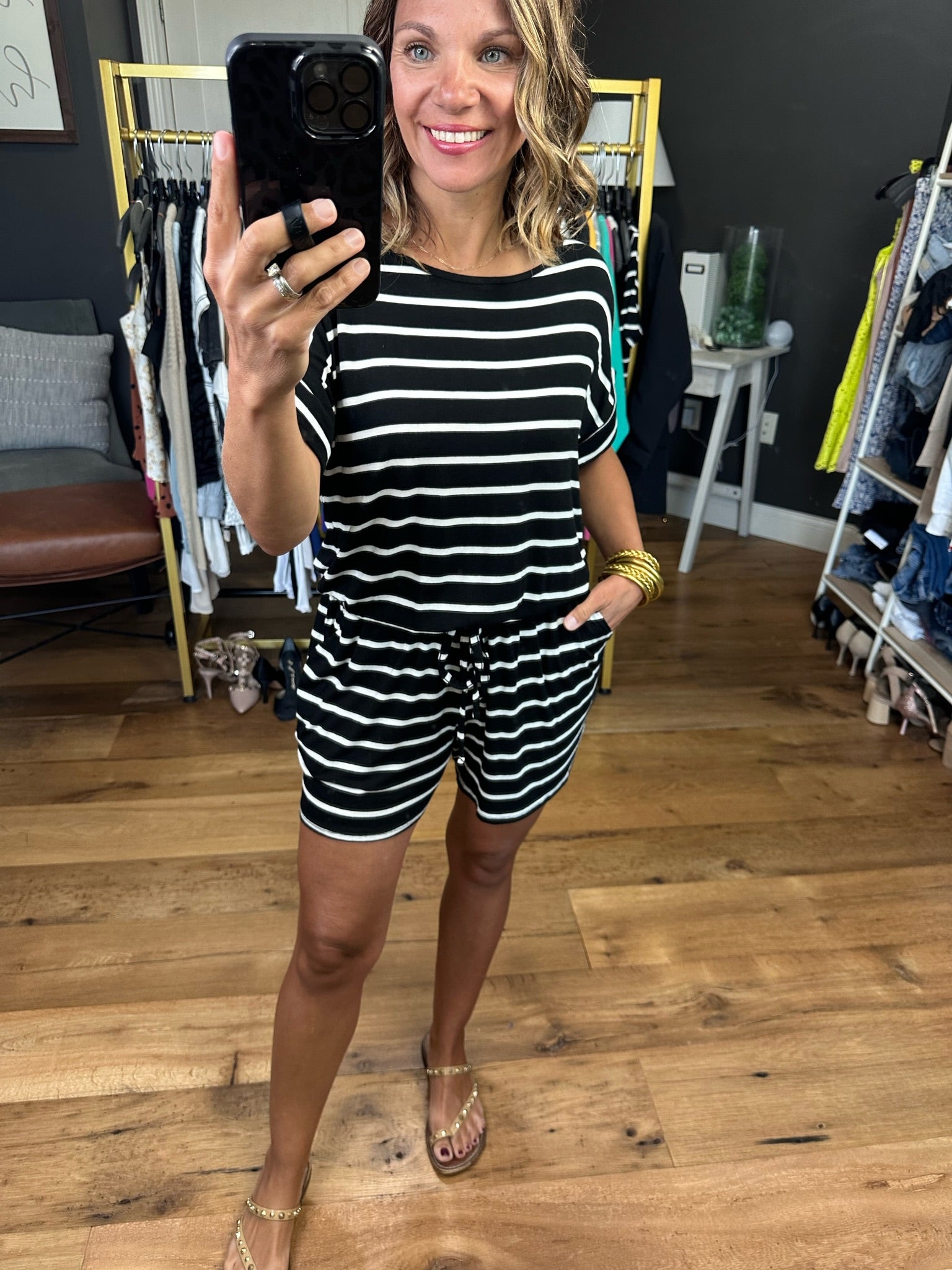 Think More Striped Romper - Black/Ivory-Rompers-Zenana RP-2297ABS-Anna Kaytes Boutique, Women's Fashion Boutique in Grinnell, Iowa