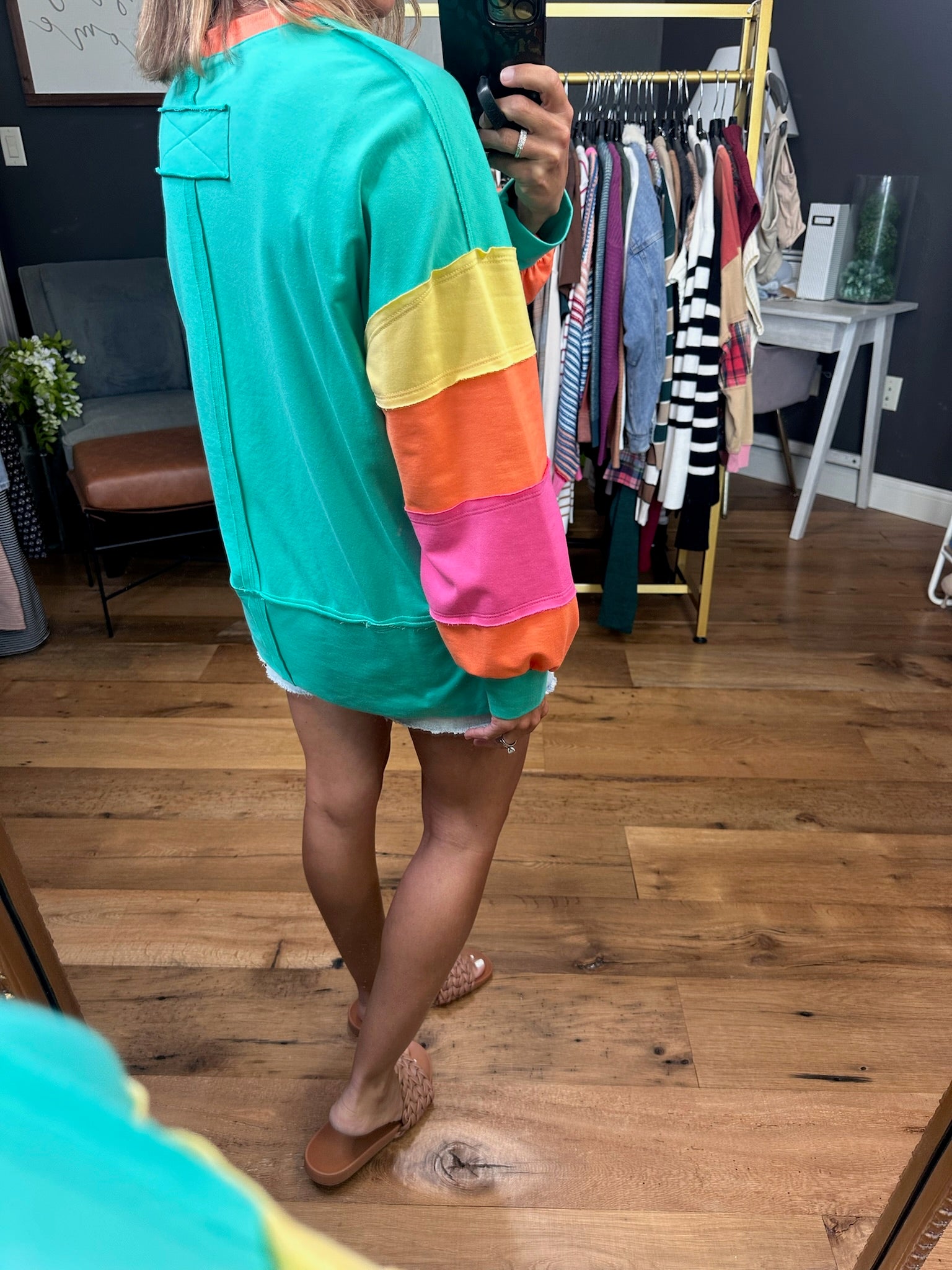 Sunburst Color Block Crewneck Sweatshirt - Jade Multi-Bibi-Anna Kaytes Boutique, Women's Fashion Boutique in Grinnell, Iowa