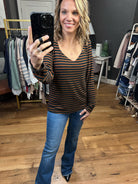 Better Explanation Striped V-Neck Long Sleeve Top - Navy/Rust-Long Sleeves-Skies Are Blue 45496-Anna Kaytes Boutique, Women's Fashion Boutique in Grinnell, Iowa