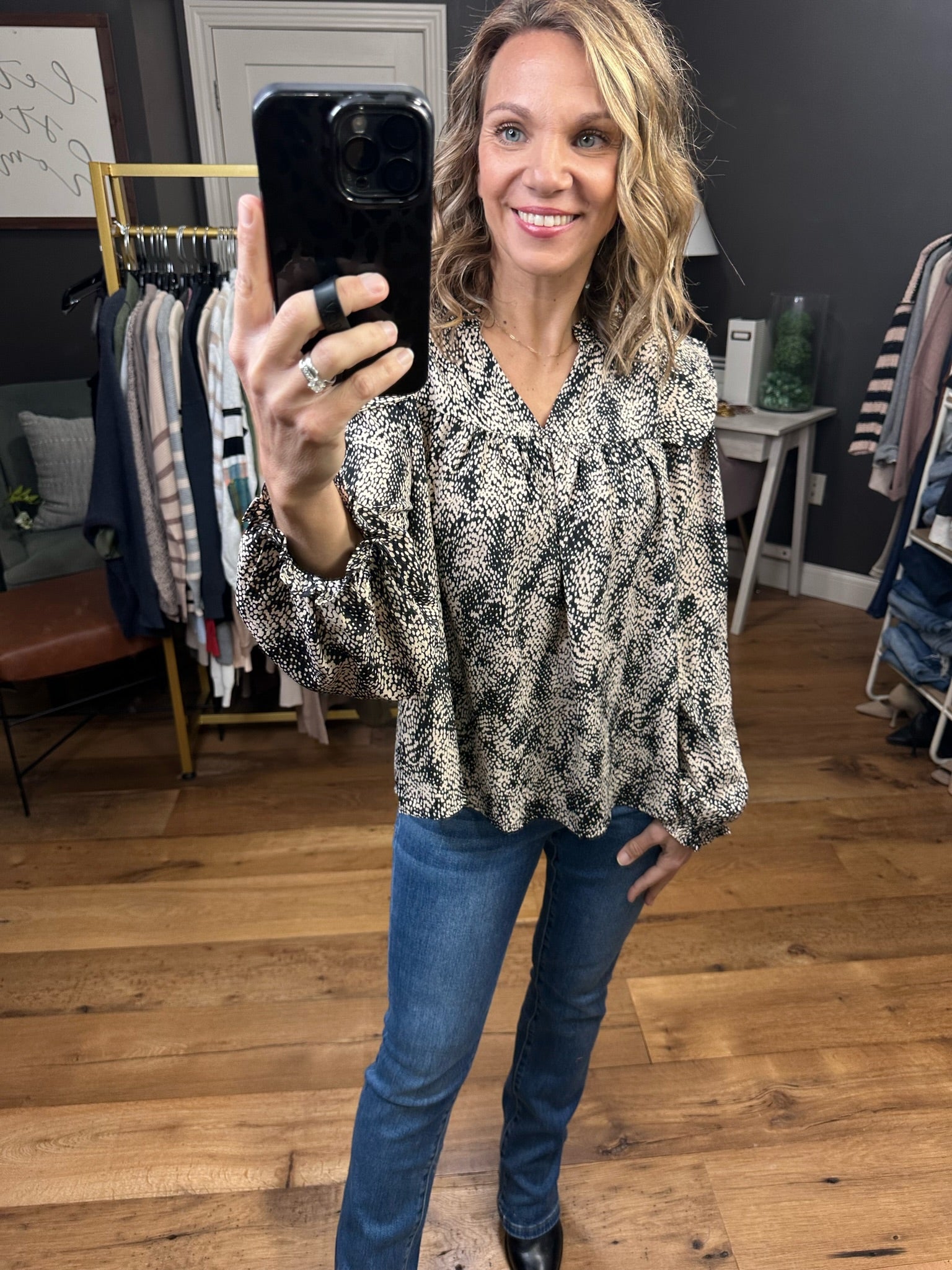 Take Your Place Patterned Balloon Sleeve Top - Black-Long Sleeves-Jodifl B9610-1-Anna Kaytes Boutique, Women's Fashion Boutique in Grinnell, Iowa