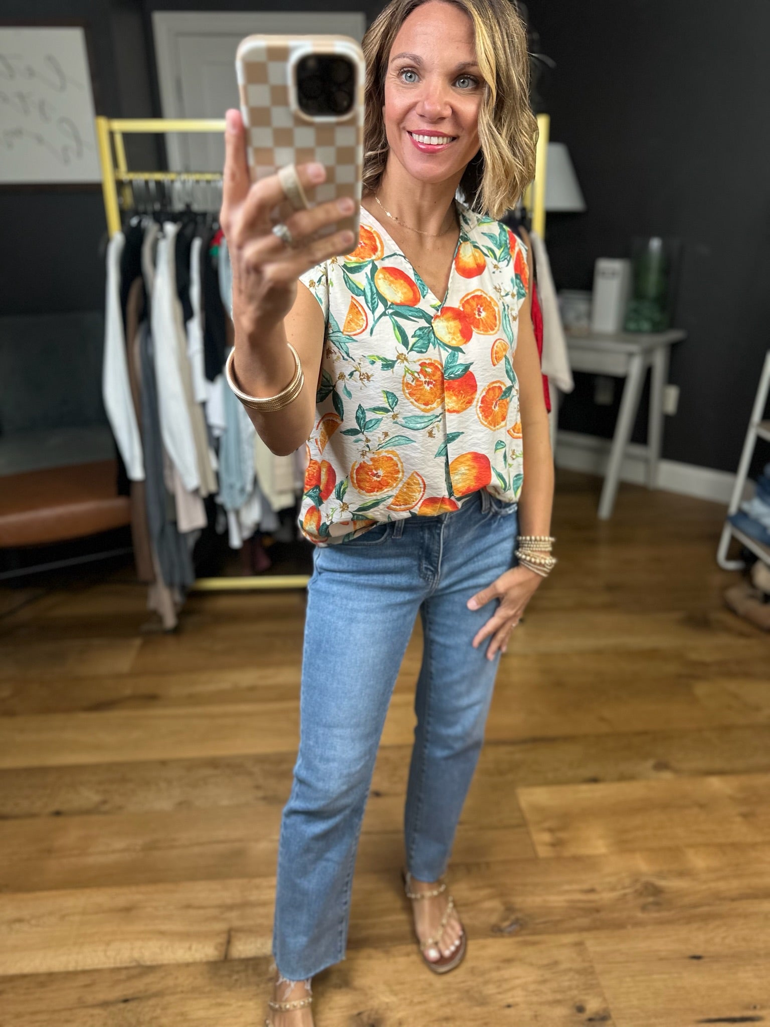Sun-Kissed Citrus V-Neck Top-Les Amis-Anna Kaytes Boutique, Women's Fashion Boutique in Grinnell, Iowa