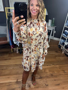 By My Side Floral High-Neck Dress With Smocked Detail - Natural-Dresses-Skies Are Blue 99588-Anna Kaytes Boutique, Women's Fashion Boutique in Grinnell, Iowa