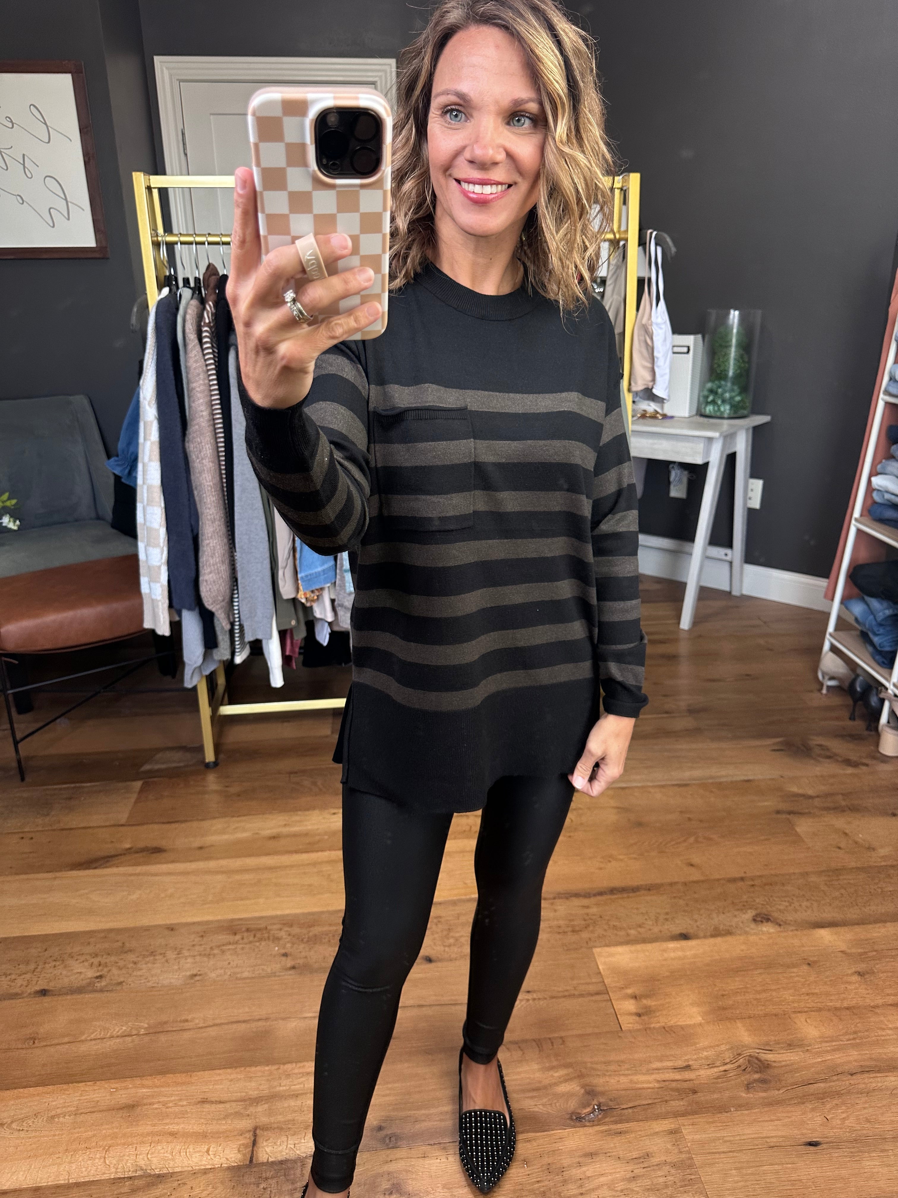 First Come Striped Pocket Lightweight Sweater - Charcoal-Be Cool-Anna Kaytes Boutique, Women's Fashion Boutique in Grinnell, Iowa