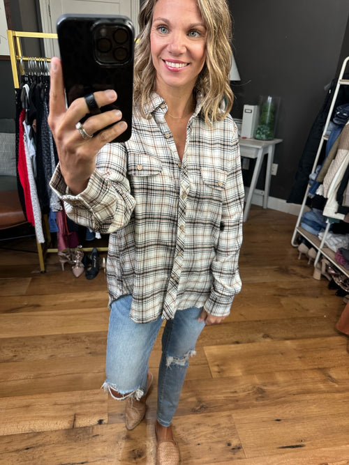 Not Anymore Plaid Flannel Top - Ivory/Black/Camel-Blu Pepper EM6787-Anna Kaytes Boutique, Women's Fashion Boutique in Grinnell, Iowa