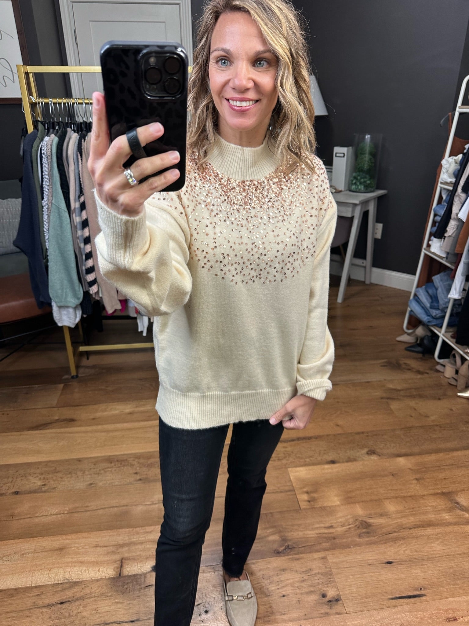 Glitz & Glam Sequin Detail Mock-Neck Sweater - Cream-Sweaters-Lavender J T21021-Anna Kaytes Boutique, Women's Fashion Boutique in Grinnell, Iowa