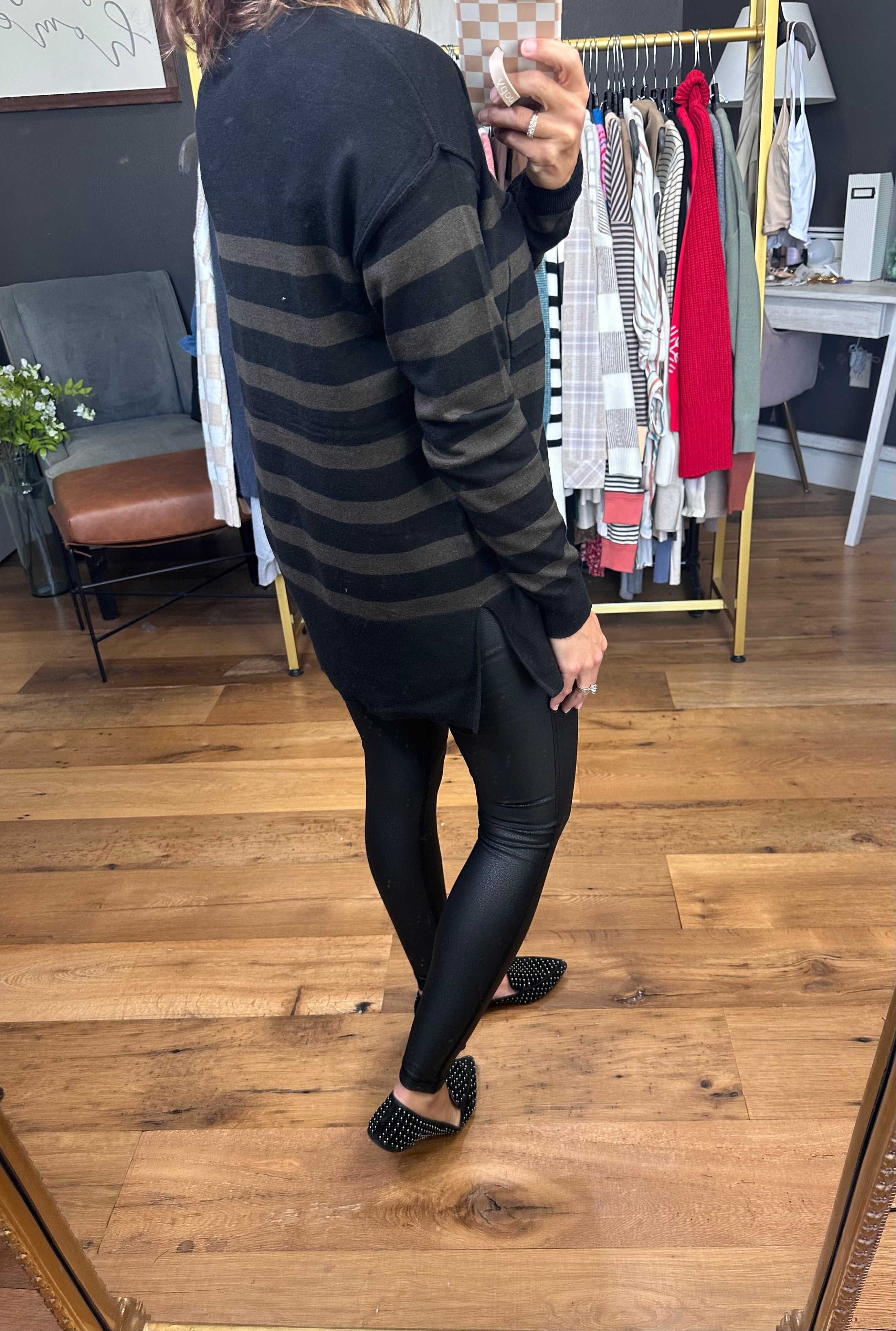 First Come Striped Pocket Lightweight Sweater - Charcoal-Be Cool-Anna Kaytes Boutique, Women's Fashion Boutique in Grinnell, Iowa