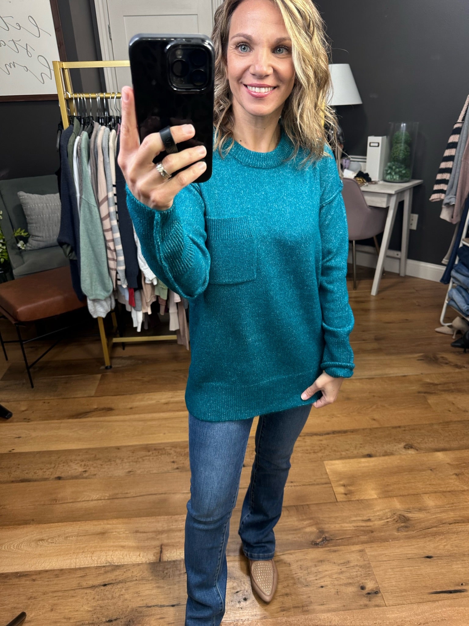 Steady Heart Heathered Pocket Crew Sweater - Multiple Options-Sweaters-Zenana TW-227806-Anna Kaytes Boutique, Women's Fashion Boutique in Grinnell, Iowa