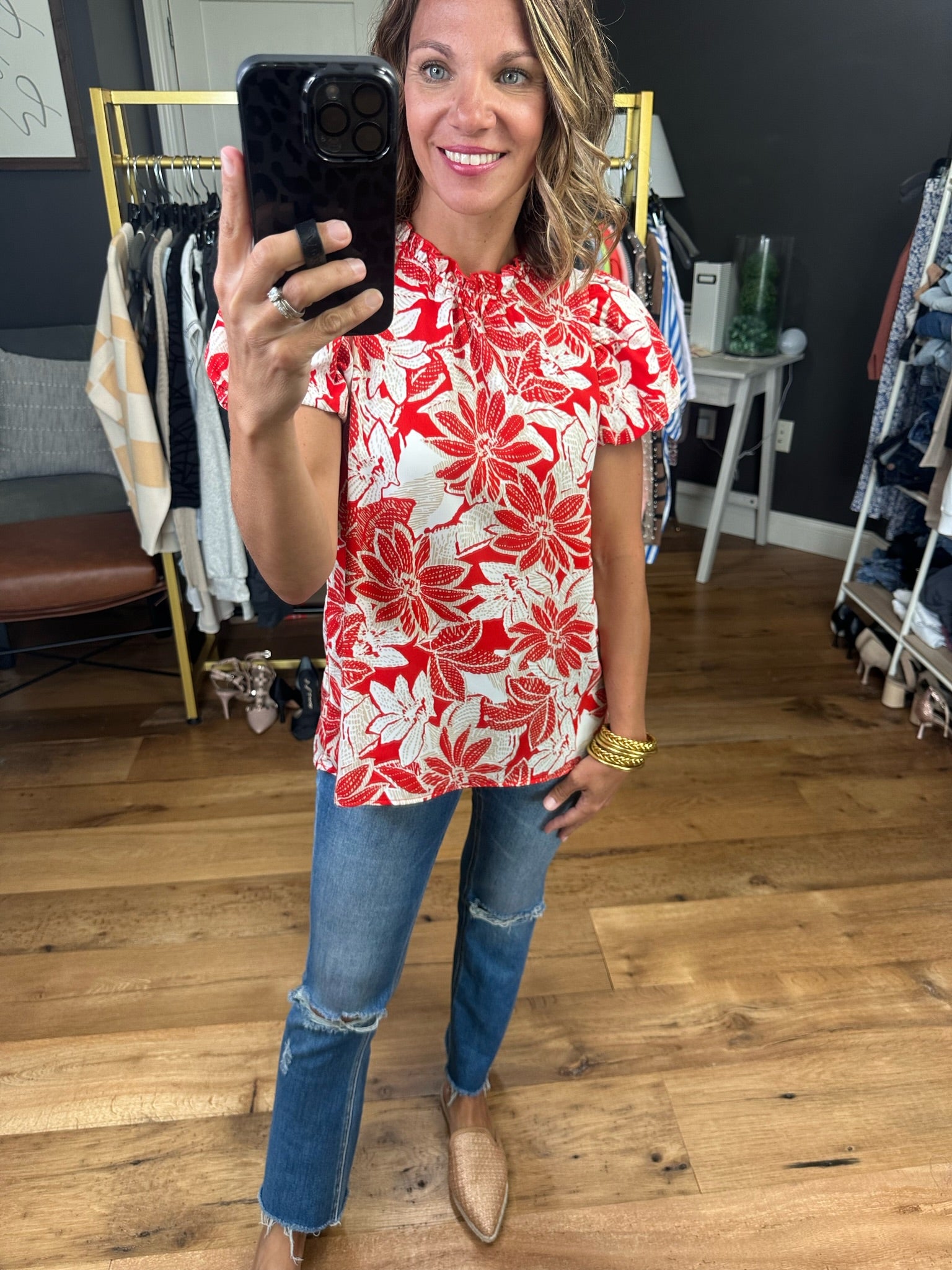 Island Waves Floral Top - Red/Ivory