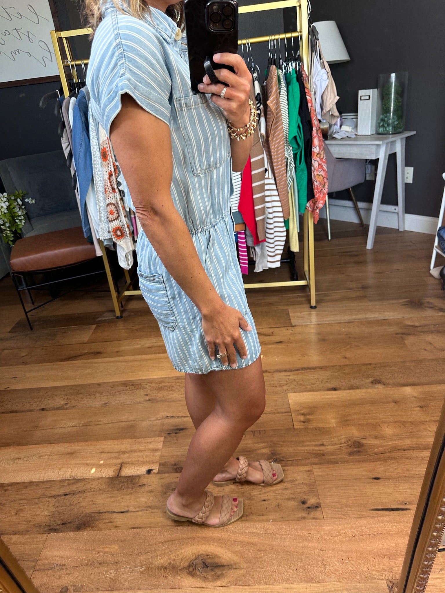 Out of the Ordinary Striped Button Romper - Denim-Rompers-Blu Pepper B4SR1004-Anna Kaytes Boutique, Women's Fashion Boutique in Grinnell, Iowa