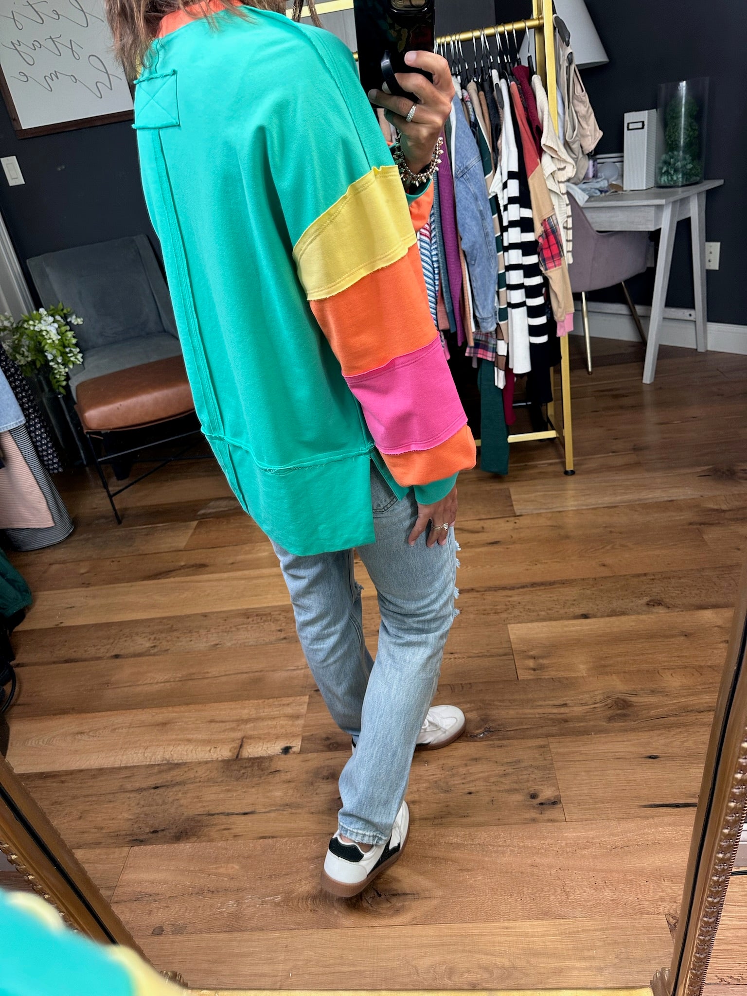 Sunburst Color Block Crewneck Sweatshirt - Jade Multi-Bibi-Anna Kaytes Boutique, Women's Fashion Boutique in Grinnell, Iowa