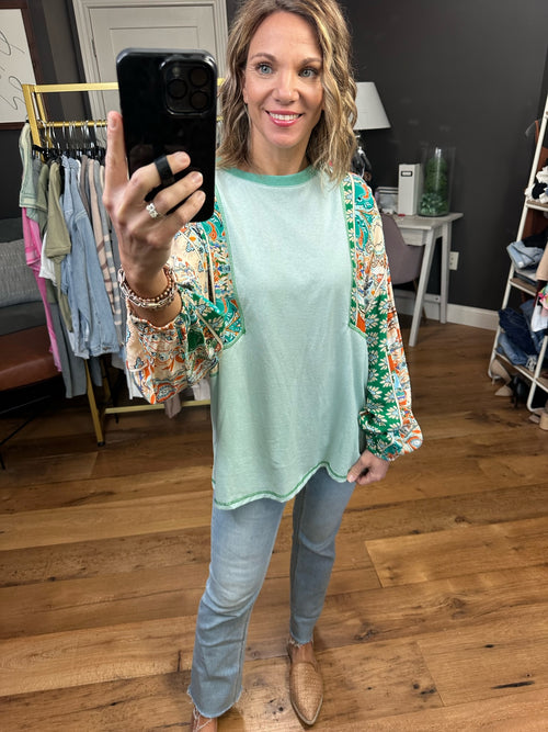 Around Here Pattern Balloon Sleeve Top - Sage Green-Easel ET70391-Anna Kaytes Boutique, Women's Fashion Boutique in Grinnell, Iowa
