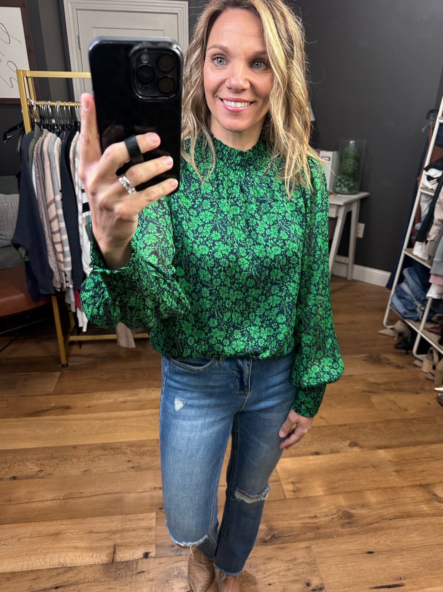 More Than Ever Floral Mock-Neck Top - Kelly/Navy-Long Sleeves-Skies Are Blue 45497-Anna Kaytes Boutique, Women's Fashion Boutique in Grinnell, Iowa