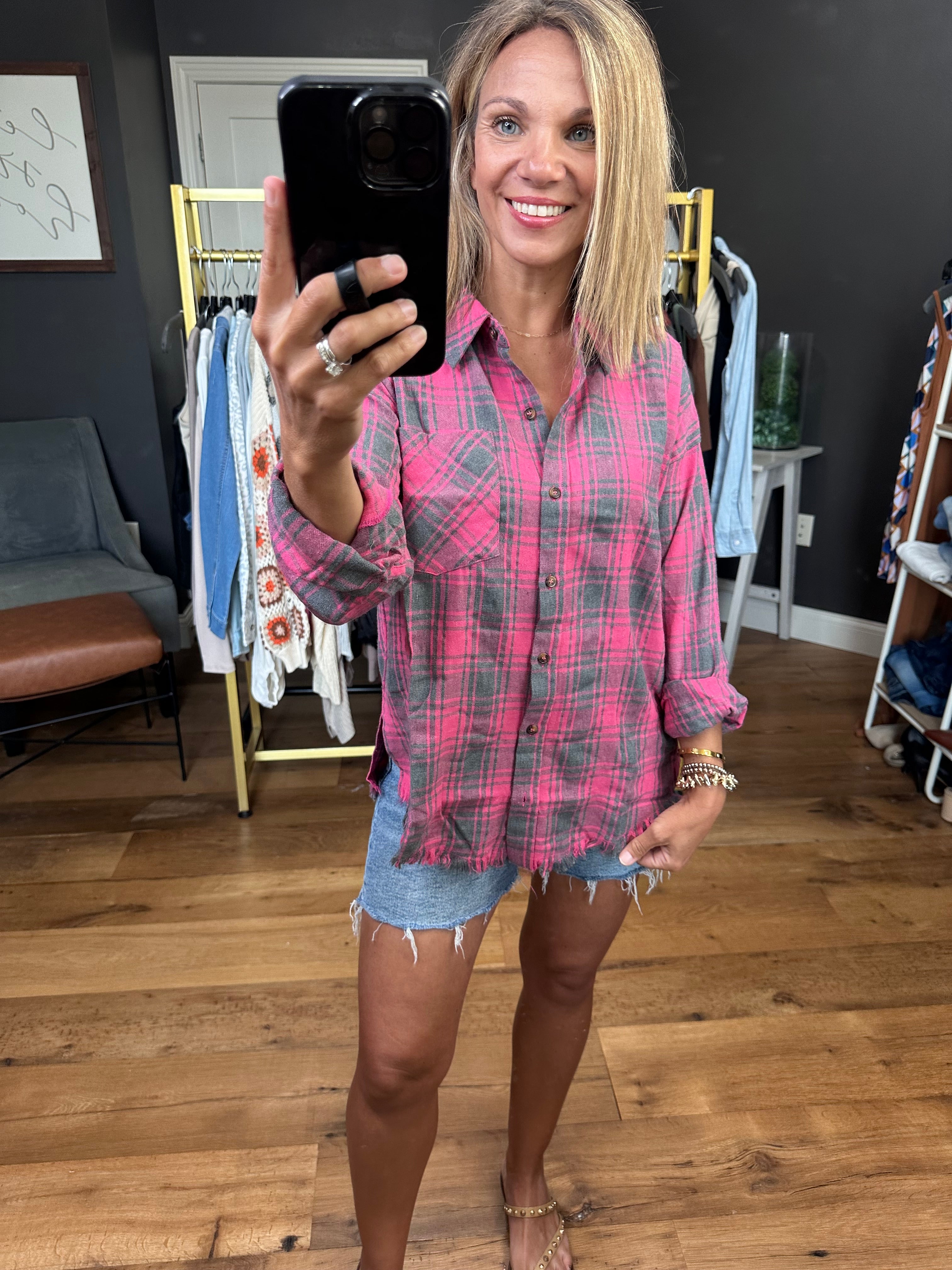 Just Like This Plaid Button-Down Top - Vintage Fuschia-Long Sleeves-Hem & Thread-Anna Kaytes Boutique, Women's Fashion Boutique in Grinnell, Iowa