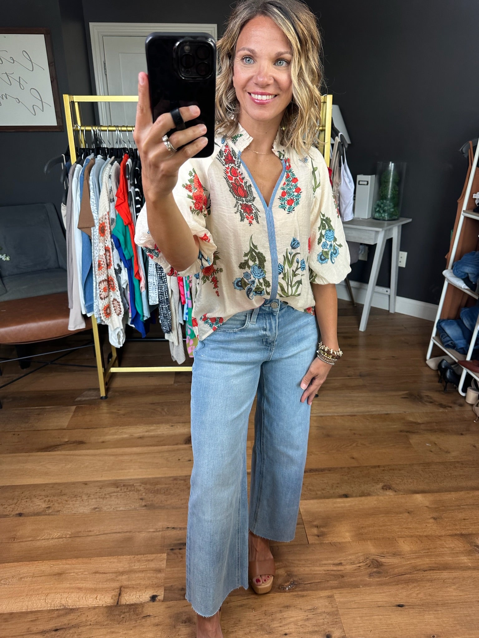 Garden Charm Floral Top - Oat Multi-Short Sleeves-THML-Anna Kaytes Boutique, Women's Fashion Boutique in Grinnell, Iowa