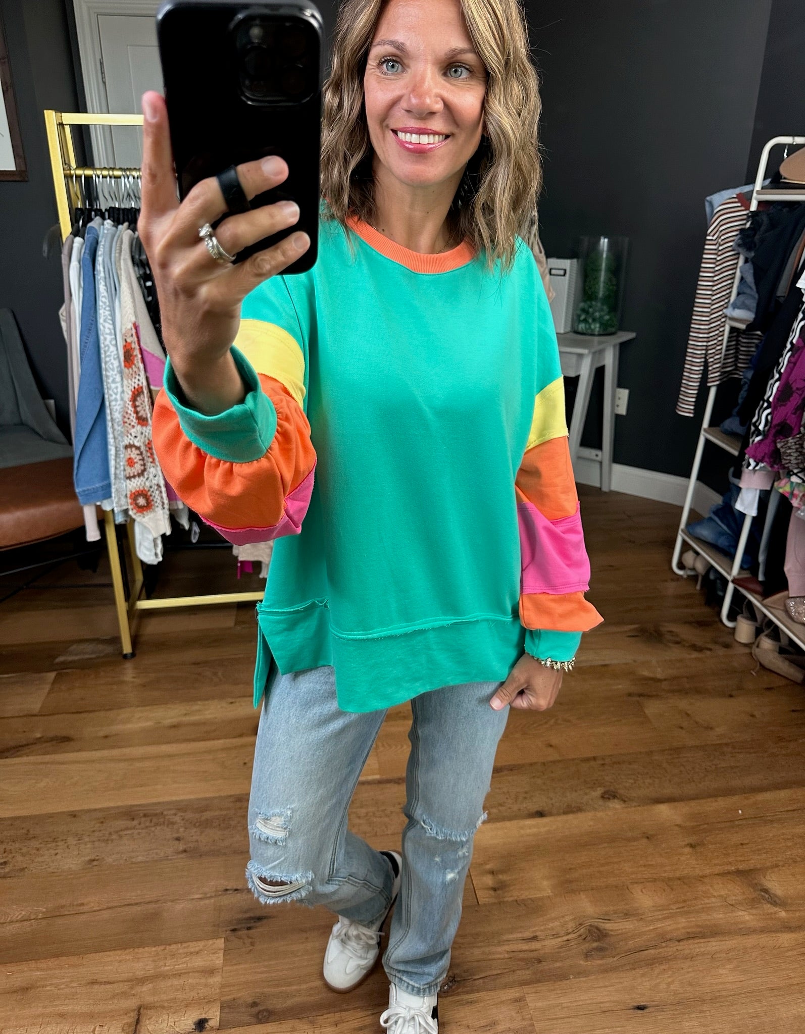 Sunburst Color Block Crewneck Sweatshirt - Jade Multi-Bibi-Anna Kaytes Boutique, Women's Fashion Boutique in Grinnell, Iowa