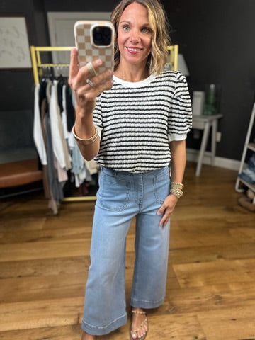 Our Story Striped Balloon Sleeve Top - Black-Jodifl-Anna Kaytes Boutique, Women's Fashion Boutique in Grinnell, Iowa