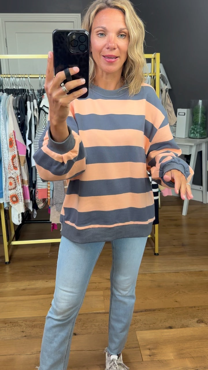 Right On Schedule Striped Crewneck - Peach/Grey-Anna Kaytes Boutique-Anna Kaytes Boutique, Women's Fashion Boutique in Grinnell, Iowa