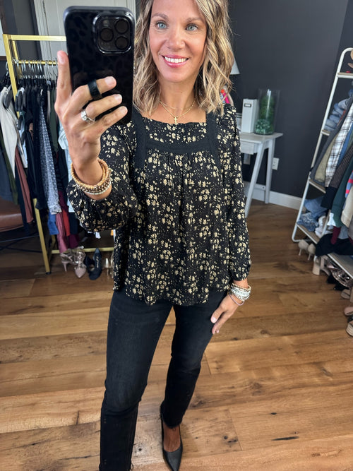 Getting Close Floral Top With Crochet Detail - Black
