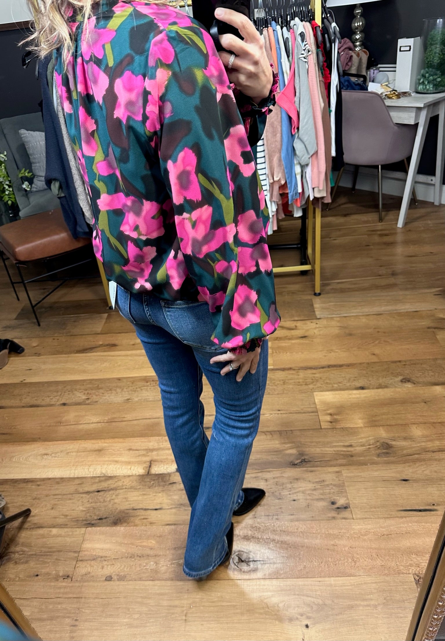 Better In Bloom Ruch Detail Floral Top - Hunter Green-Long Sleeves-Entro T21683-Anna Kaytes Boutique, Women's Fashion Boutique in Grinnell, Iowa
