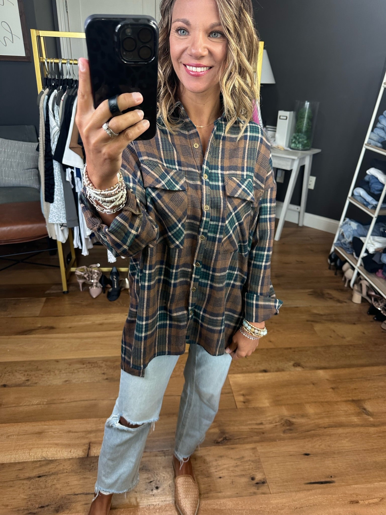 By The Fire Button-Down Plaid Top - Mocha