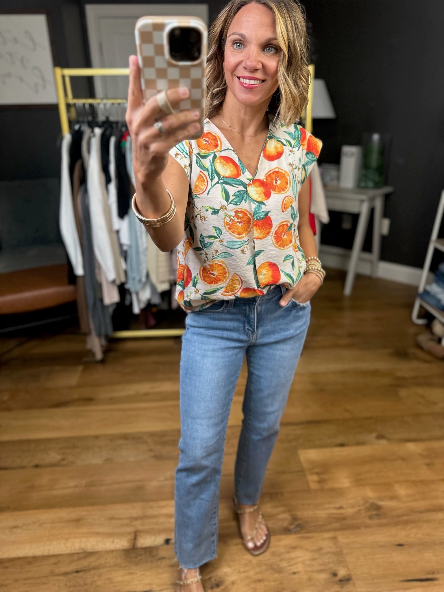Sun-Kissed Citrus V-Neck Top-Les Amis-Anna Kaytes Boutique, Women's Fashion Boutique in Grinnell, Iowa
