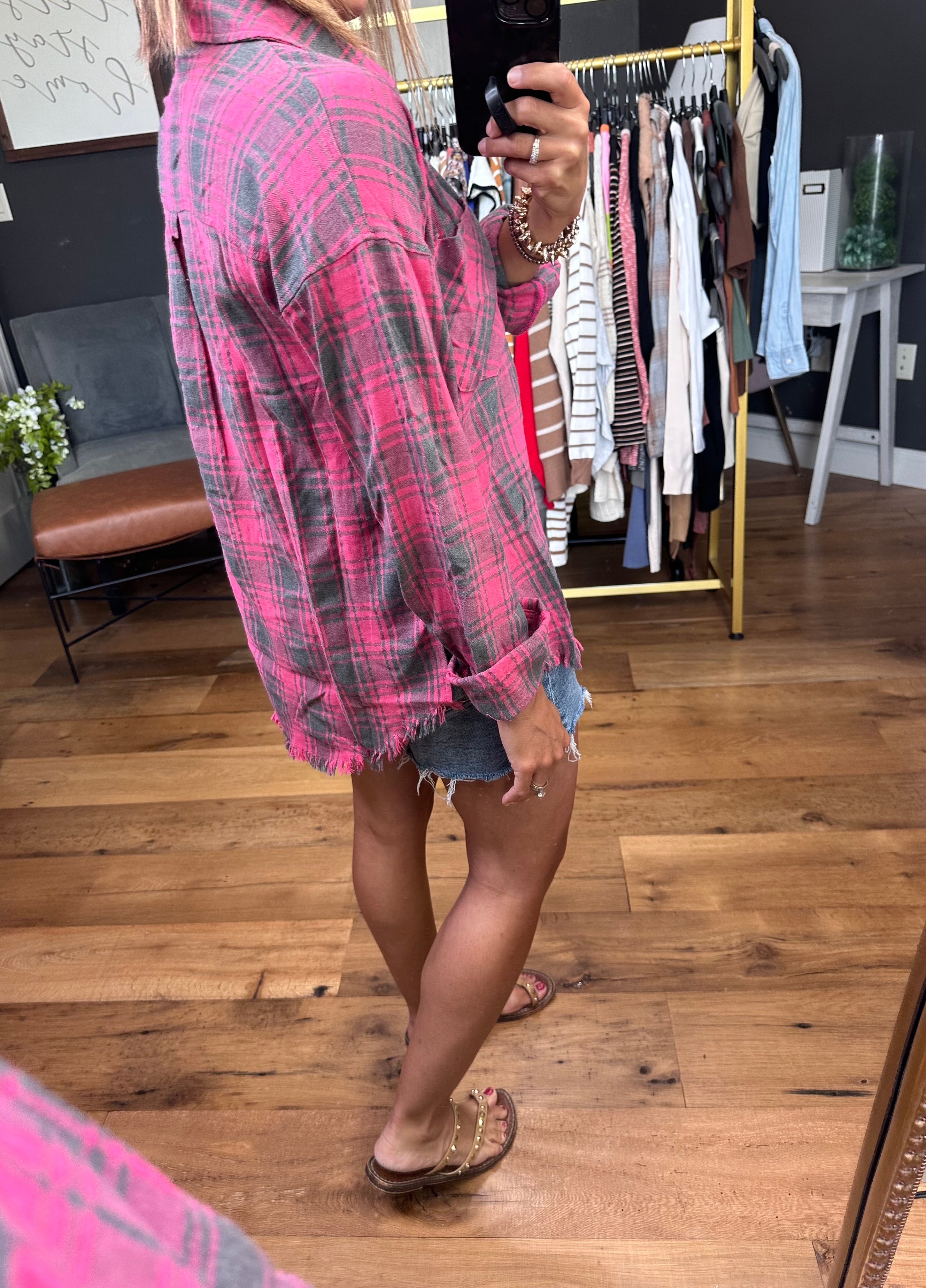 Just Like This Plaid Button-Down Top - Vintage Fuschia-Long Sleeves-Hem & Thread-Anna Kaytes Boutique, Women's Fashion Boutique in Grinnell, Iowa