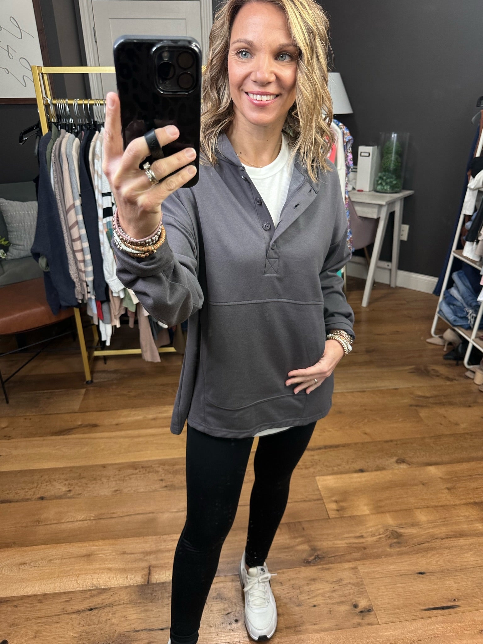 Hold Me Closer Henley Pocket Hoodie - Charcoal-Hoodies-Cotton Bleu 64605-Anna Kaytes Boutique, Women's Fashion Boutique in Grinnell, Iowa