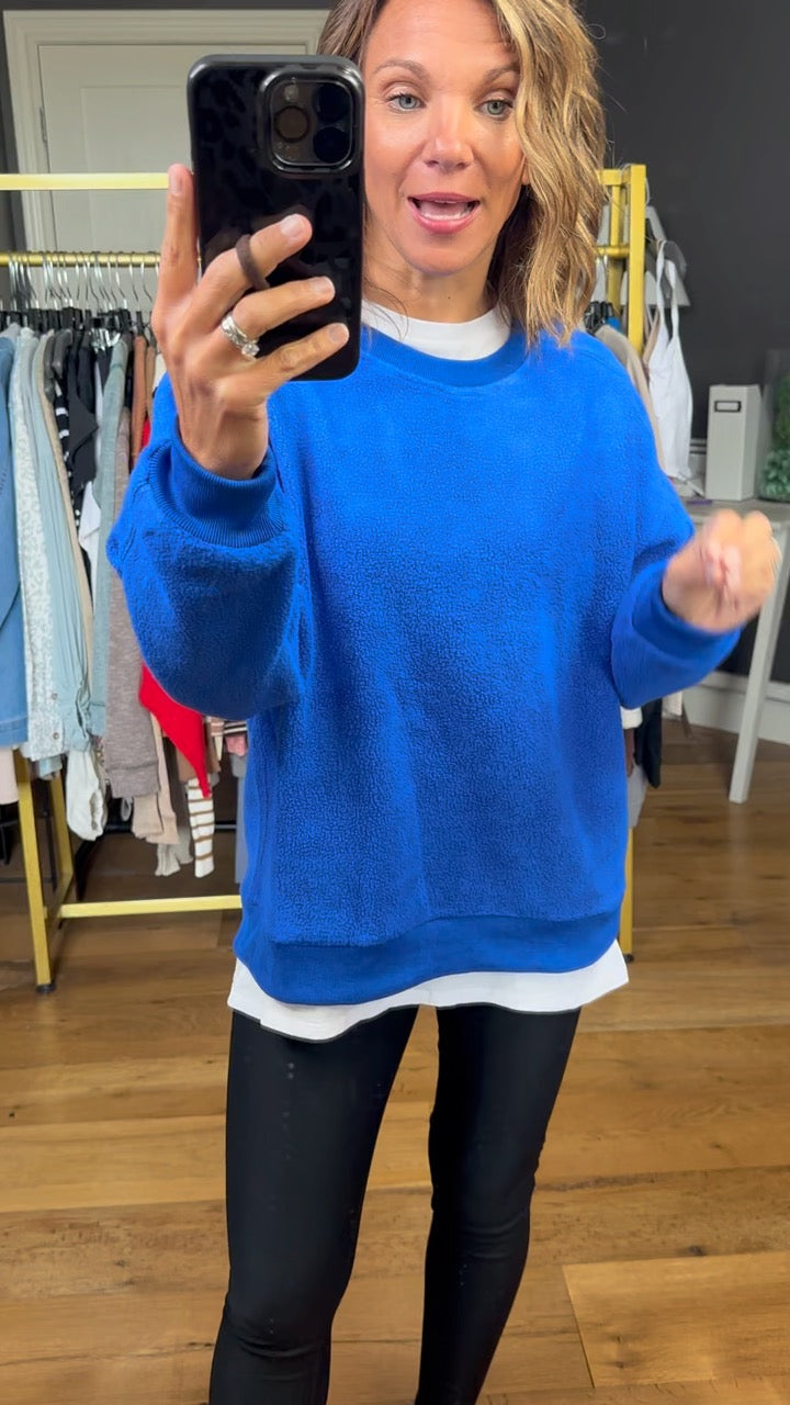 Out of the Blue Sherpa Crewneck - Cobalt-Staccato-Anna Kaytes Boutique, Women's Fashion Boutique in Grinnell, Iowa