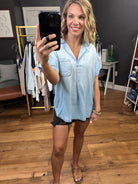 In My Defense Tencel Top - Light Denim-Short Sleeves-Easel-Anna Kaytes Boutique, Women's Fashion Boutique in Grinnell, Iowa