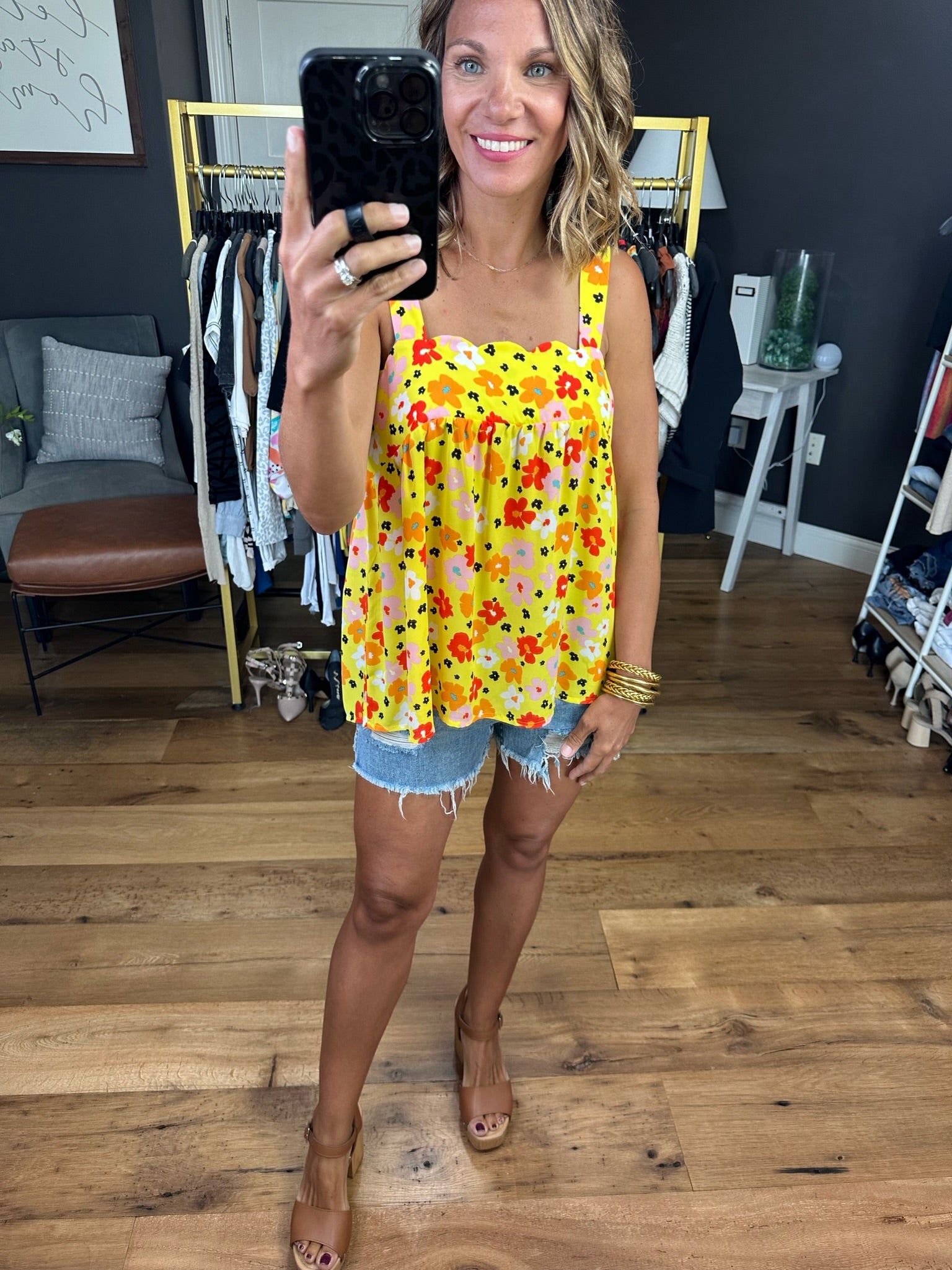Couldn't Be Happier Floral Flowy Top With Scallop Detail - Yellow