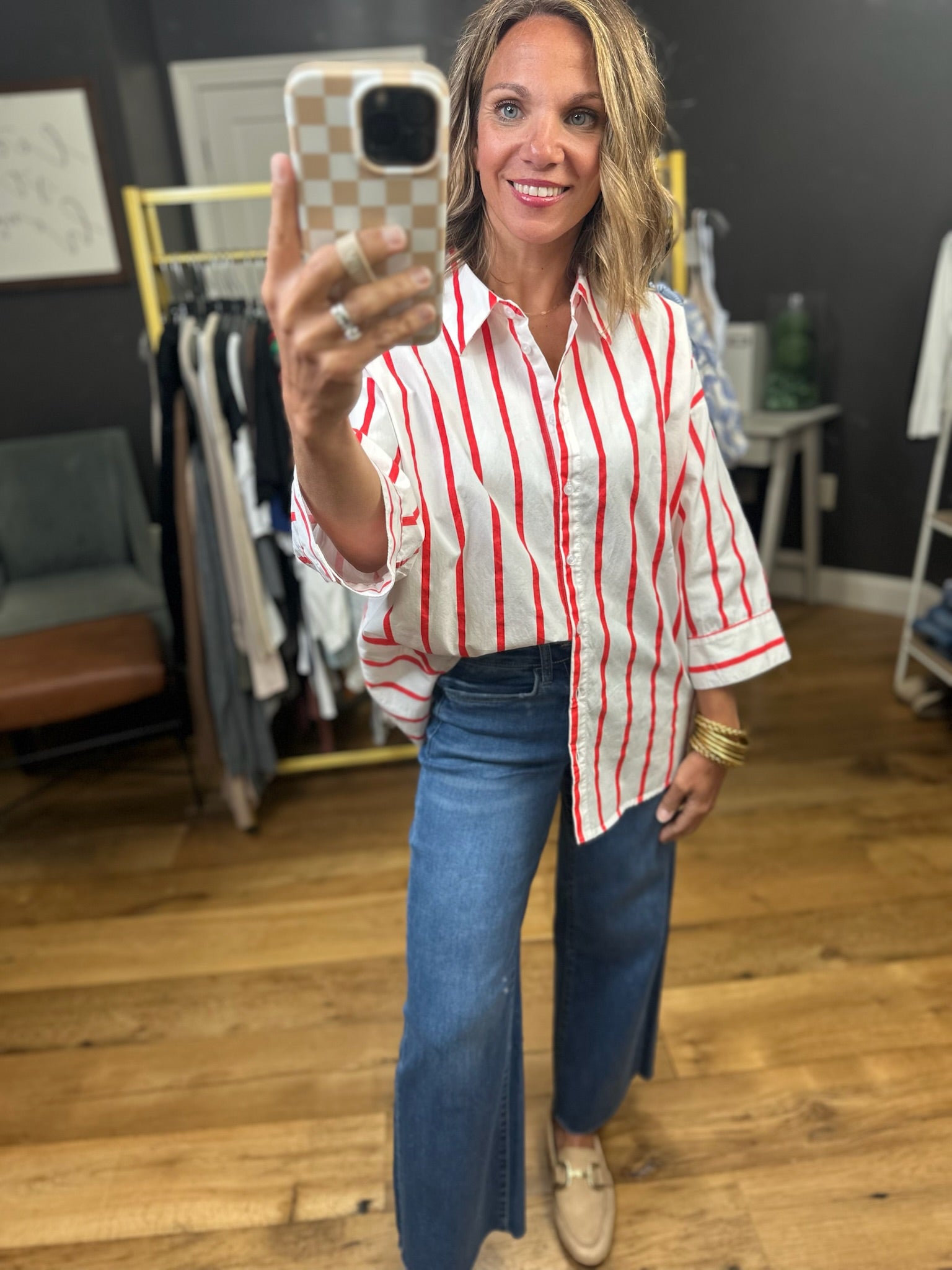 Feeling Loved Striped Button-Down - Red-Jodifl-Anna Kaytes Boutique, Women's Fashion Boutique in Grinnell, Iowa